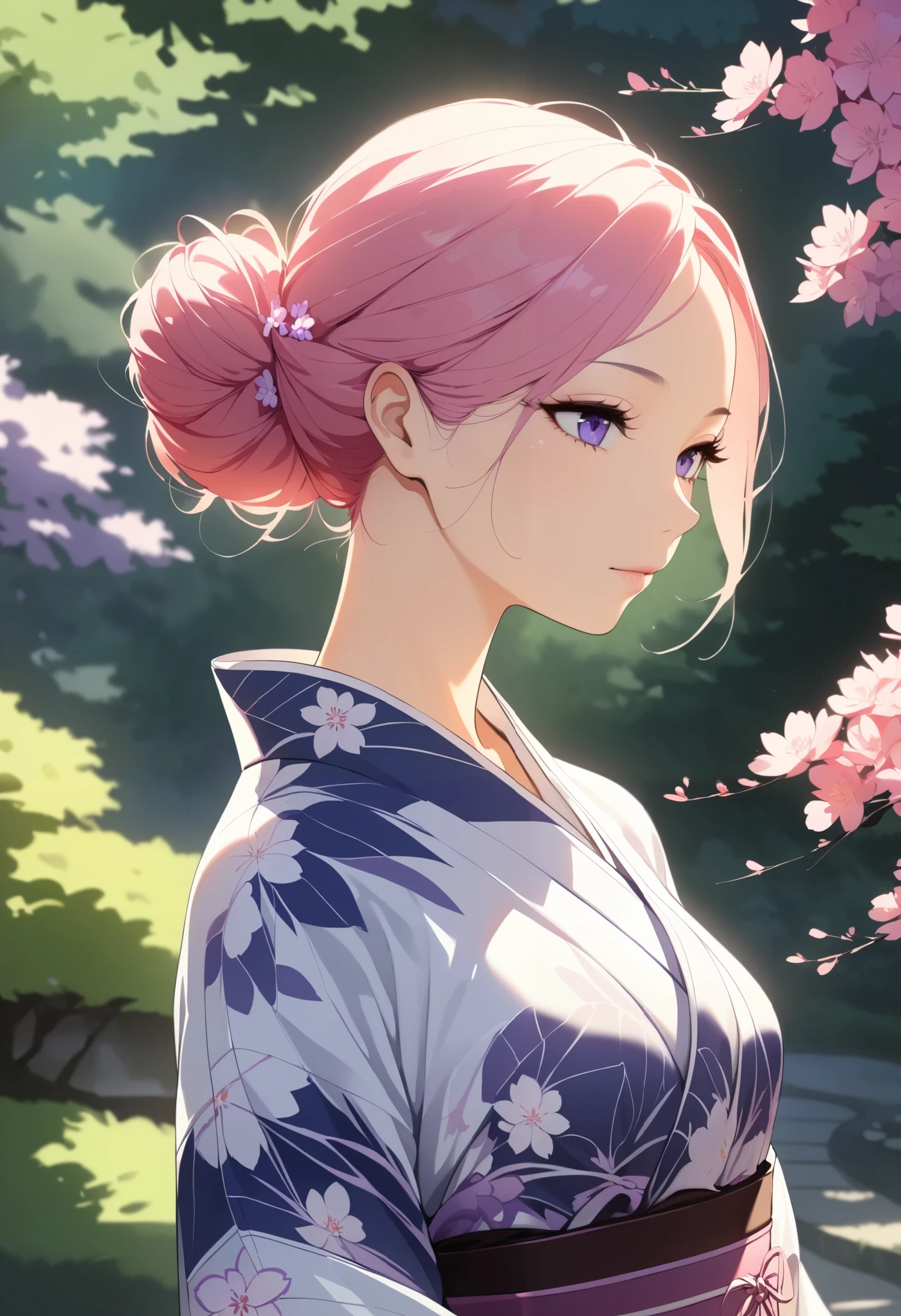  1 Woman ,  beautiful skin,  fine skin, Vibrant Hair,  beautiful eyes, yukata:1.2,  thin waist ,  slender body, Big Breasts:1.2, Nape:1.6,  head, 青い花柄のyukata, Shiny thighs,  sexy shot, Japanese garden background, Chiaroscuro, Watercolor,  High Quality ,  high definition , masterpiece:1.2