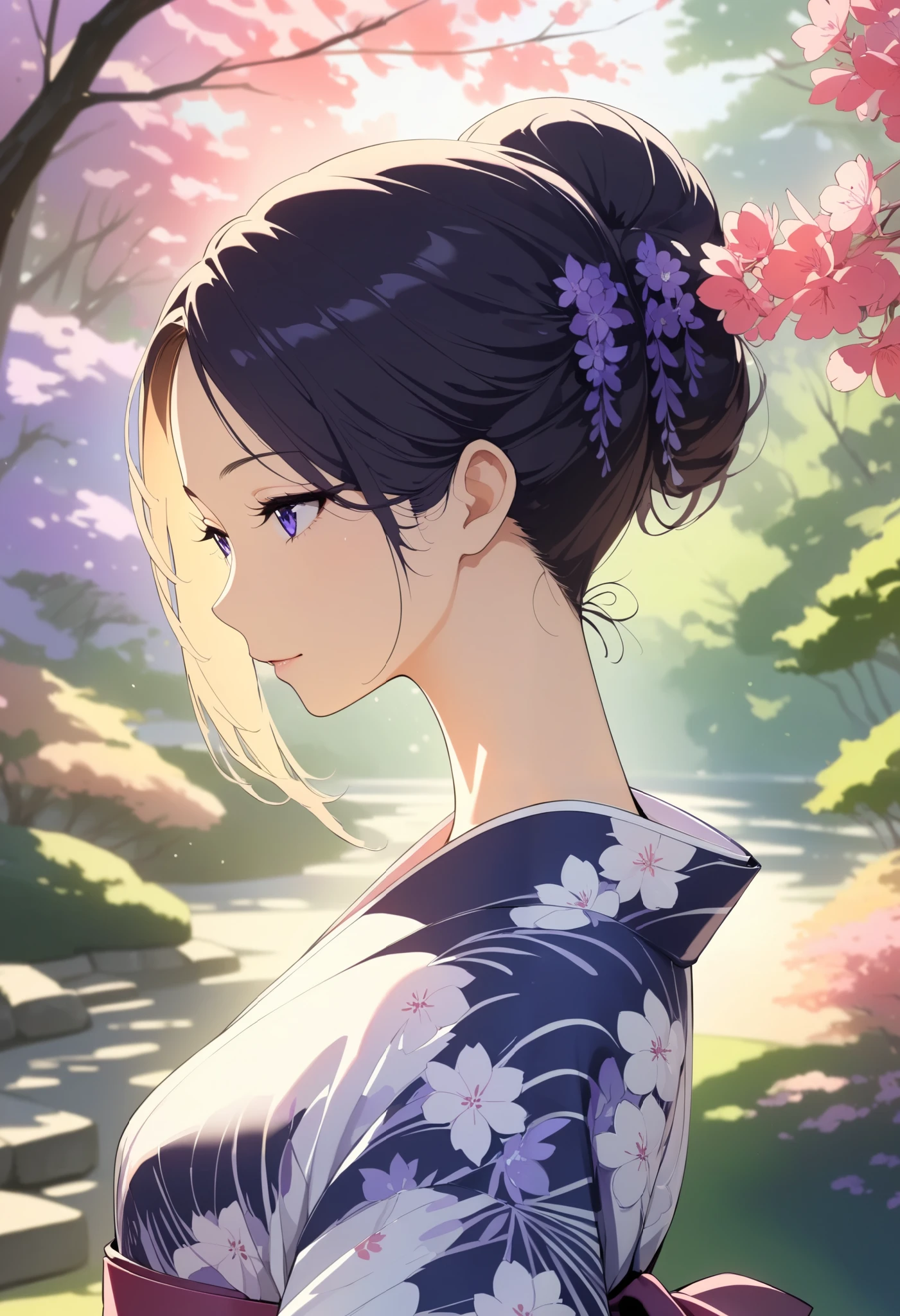  1 Woman ,  beautiful skin,  fine skin, Vibrant Hair,  beautiful eyes, yukata:1.2,  thin waist ,  slender body, Big Breasts:1.2, Nape:1.6,  head, 青い花柄のyukata, Shiny thighs,  sexy shot, Japanese garden background, Chiaroscuro, Watercolor,  High Quality ,  high definition , masterpiece:1.2