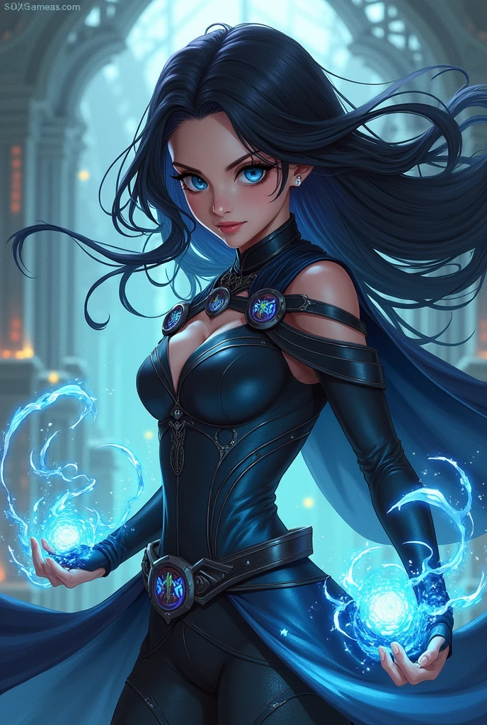 (best quality), 1girl, Female, tanned skin, black hair, blue tips, blue streaked hair, medium hair, asymmetric hairstyle, swoopy hair, blue eyes, perfect eyes, smug, halterneck, pleated skirt, fishnet_legwear, small bust, masterpiece, anatomically correct, highres