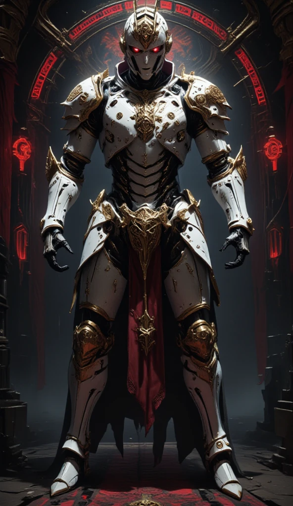  is possessed by a demon, a holy knight commander. Full Body Mechanized Image of an Adult Male. Robotic Muscle-Developed Body . wearing sacred white gold holy knight armor . Eyes Deep Red . standing inside a mysterious black and red church.Bold composition .COUNTLESS KNIGHT FOLLOWERS.Full body image with dark red glow in the eyes。He boldly stands in a mysterious black and red mechanical church， composition underlines his majestic presence 。 lights are very striking ， shadows cast by him highlight his armor and the church's bizarre atmosphere ，Mechanic robot ，Future Mechanism ， Cyberpunk 
