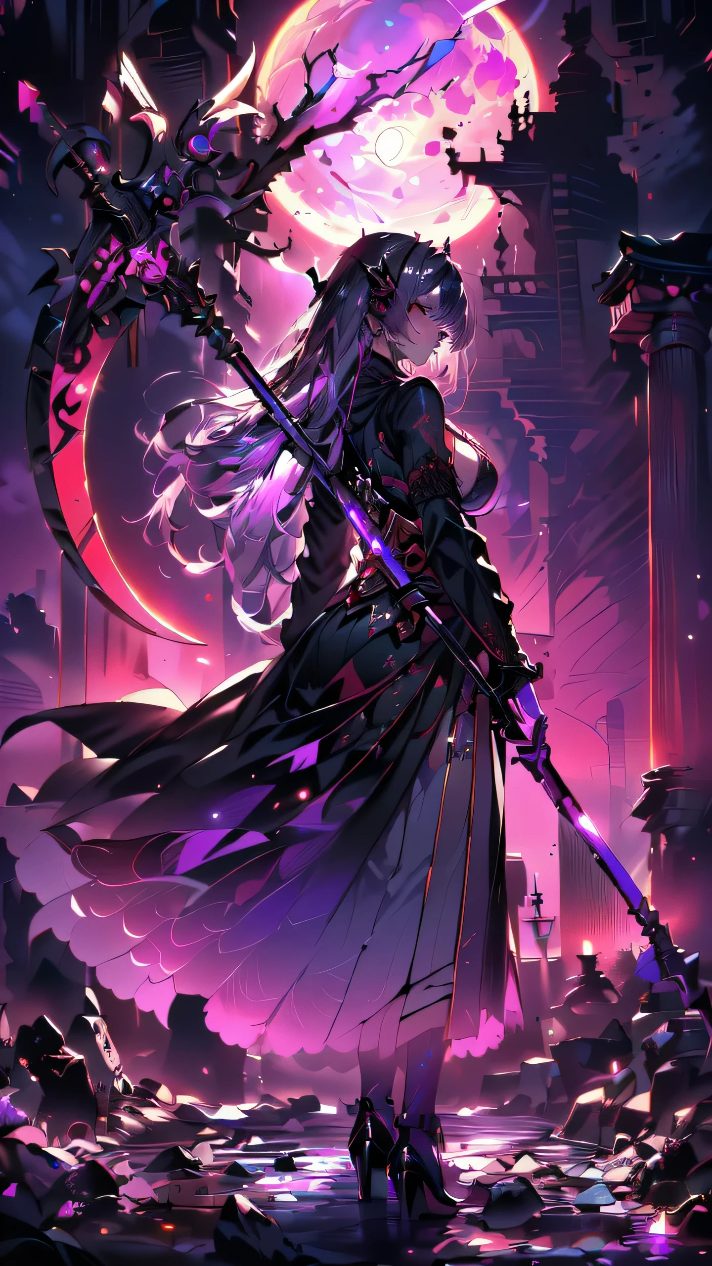 16k,Super fine,masterpiece,best quality, (silhouette art:1.4), (Double Exposure:1.3), The Queen in a stylish and sexy ninja hoodie with one eye covered with a black cloth like an eyepatch that shows off her cleavage and thighs sits cross-legged on her sinister throne, looking down with confidence and dignity in her modern, sophisticated high heels.,Bright violet and silver hair with pink streaked or violet streaked, wields an infernal Grim Reaper's huge scythe to hunt souls,Blue Moon, (close-up),Japanese neon that shines in pink and purple is reflected in a puddle.,Fantastic neon large stained glass and many jewel fragments flying in the air, refracted light and clockwork spread out against the backdrop of a mid-night Japanese garden.