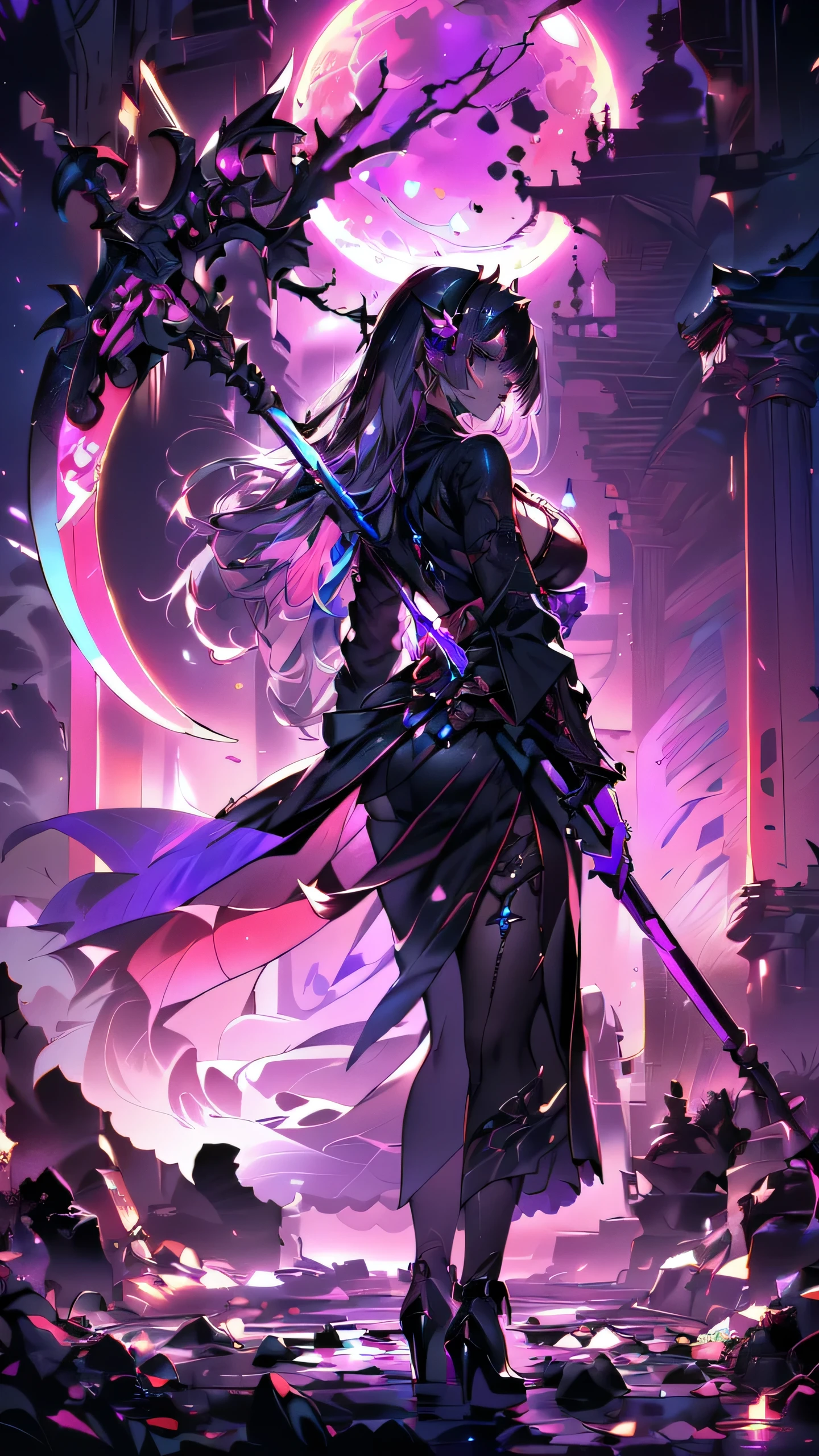 16k,Super fine,masterpiece,best quality, (silhouette art:1.4), (Double Exposure:1.3), The Queen in a stylish and sexy ninja hoodie with one eye covered with a black cloth like an eyepatch that shows off her cleavage and thighs sits cross-legged on her sinister throne, looking down with confidence and dignity in her modern, sophisticated high heels.,Bright violet and silver hair with pink streaked or violet streaked, wields an infernal Grim Reaper's huge scythe to hunt souls,Blue Moon, (close-up),Japanese neon that shines in pink and purple is reflected in a puddle.,Fantastic neon large stained glass and many jewel fragments flying in the air, refracted light and clockwork spread out against the backdrop of a mid-night Japanese garden.