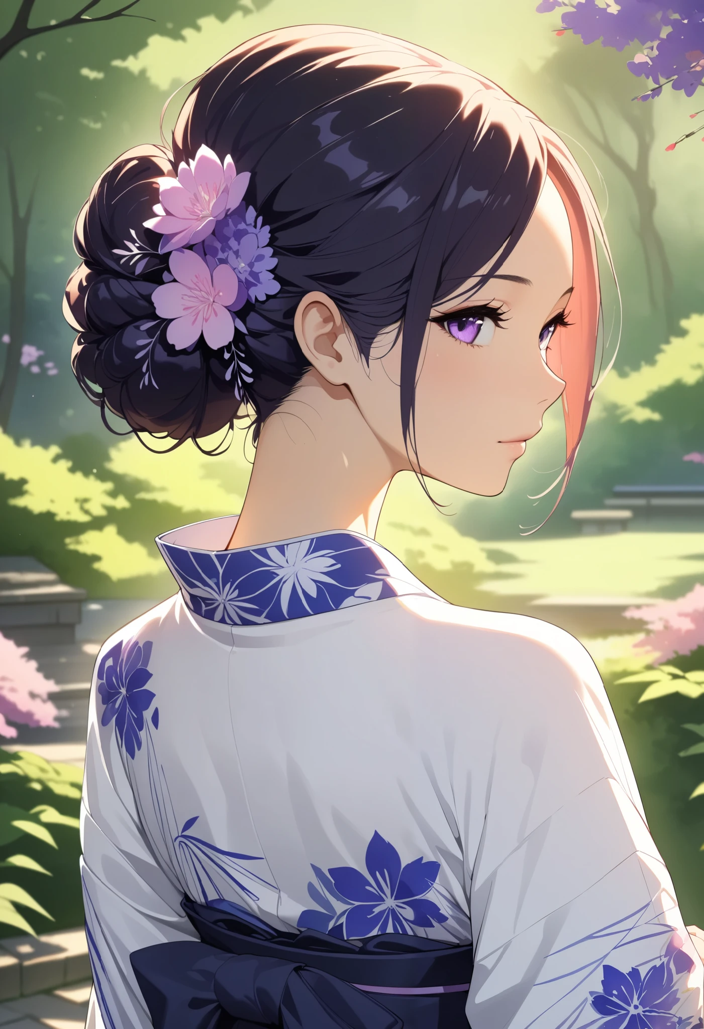  1 Woman ,  beautiful skin,  fine skin, Vibrant Hair,  beautiful eyes, yukata:1.2,  thin waist ,  slender body, Big Breasts:1.2, Nape:1.6,  head, 青い花柄のyukata, Shiny thighs,  sexy shot, Japanese garden background, Chiaroscuro, Watercolor,  High Quality ,  high definition , masterpiece:1.2