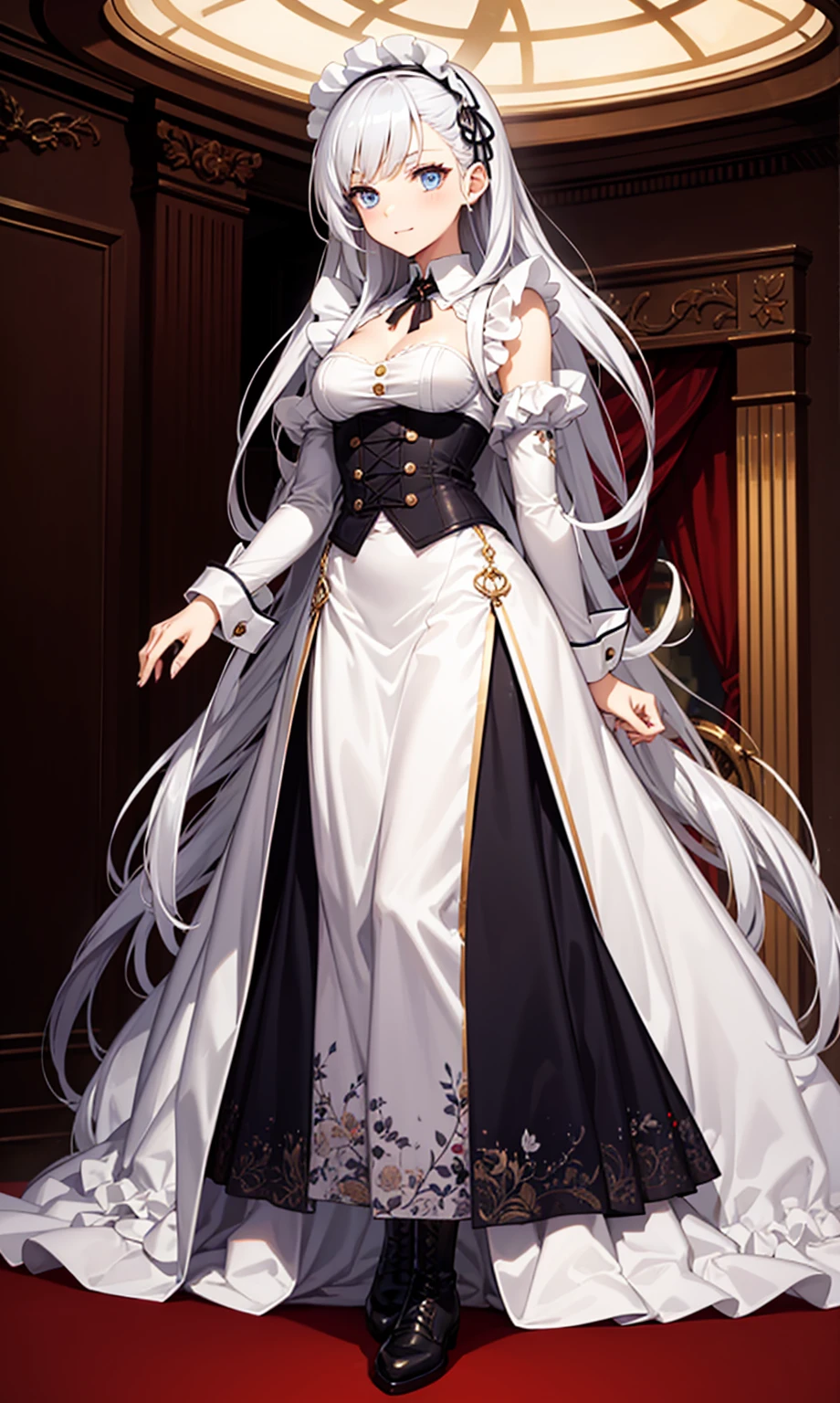 goddess，obsessed，have fun，in love，(White transparent maid uniform，With a long skirt)，Silver Hair，Blue Eyes，Transparent Clothes，Exquisite hair accessories，Transparent lace，Sky blue pattern，night，Dress nicely，bedroom，solitary，night，Engraved suspender boots，Beautiful face