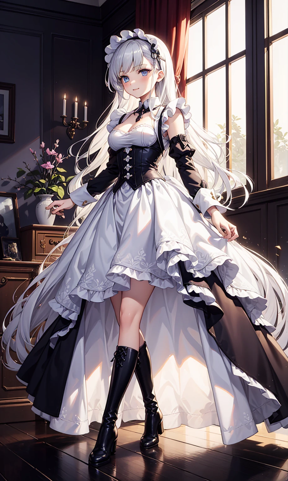 goddess，obsessed，have fun，in love，(White transparent maid uniform，With a long skirt)，Silver Hair，Blue Eyes，Transparent Clothes，Exquisite hair accessories，Transparent lace，Sky blue pattern，night，Dress nicely，bedroom，solitary，night，Engraved suspender boots，Beautiful face