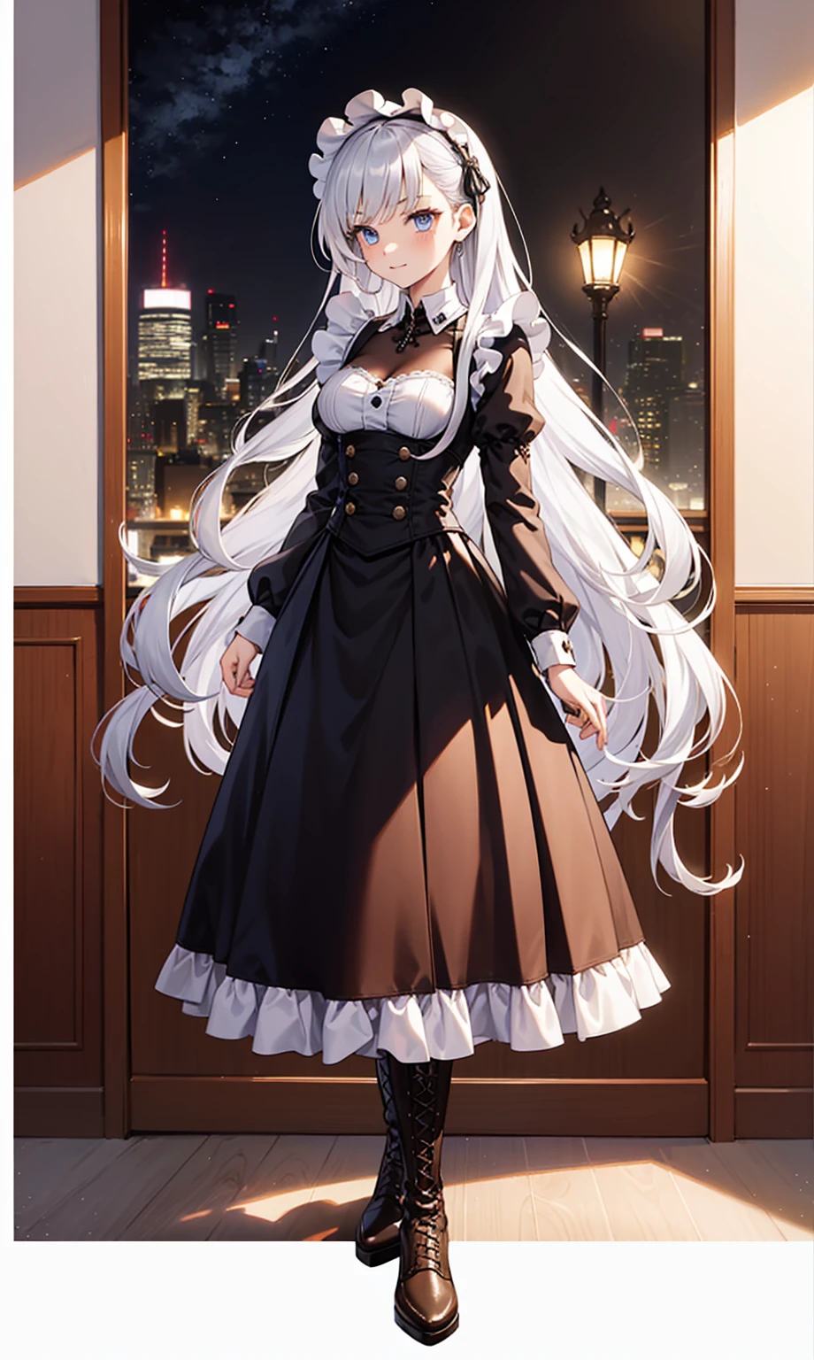 goddess，obsessed，have fun，in love，(White transparent maid uniform，With a long skirt)，Silver Hair，Blue Eyes，Transparent Clothes，Exquisite hair accessories，Transparent lace，Sky blue pattern，night，Dress nicely，bedroom，solitary，night，Engraved suspender boots，Beautiful face