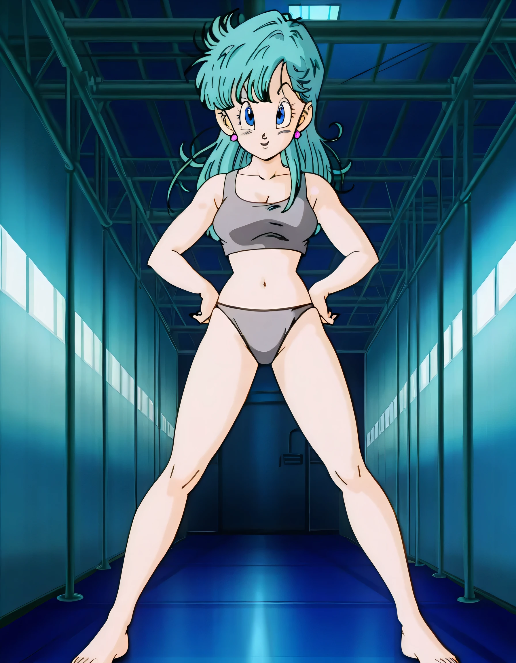 source_anime, score_9, score_8_up, score_7_up, anime screencap,
saiyan saga, bulma, messy hair, aqua hair, long hair , blue eyes, 1girl, solo, long hair, looking at viewer, gray tank tops , gray bikini , big breaststud , belly , earrings , fingernails, hands on own hips , long legs , barefoots , factory , retro artstyle , full body
 