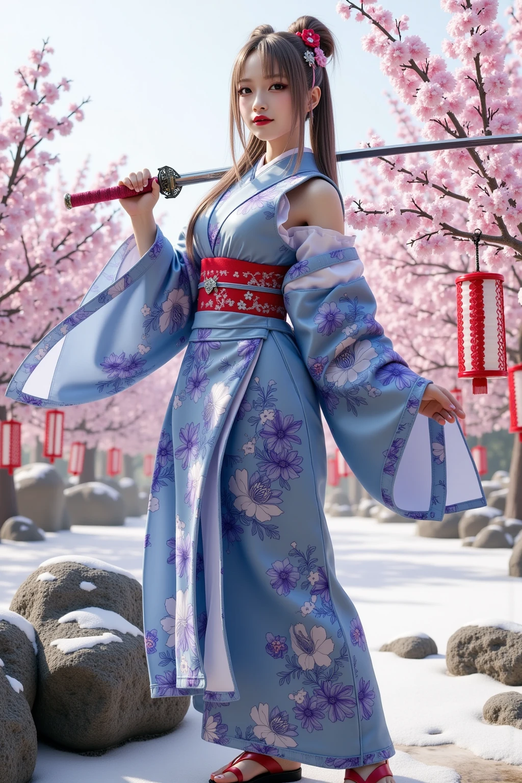 It depicts a beautiful Japanese woman in a kimono、shiny skin, large breasts:0.5, looking up, watching the view, beautiful hair, beautiful face, beautiful detailed eyes, (middle hair:1.5, japanese hair:1.5), black hair, blue eyes, (((red floral kimono), hair ornament)), ((smile:1.5, open your mouth wide)), walking, (beautiful scenery), winter, dawn, (new year's day, first visit),crowd, snow, snowfall:1.5, freezing weather, frost, (8k, top-quality, masterpiece​:1.2, extremely detailed), (photorealistic), beautiful illustration, natural lighting,((perfect anatomy, anatomically correct, super detailed skin)), 