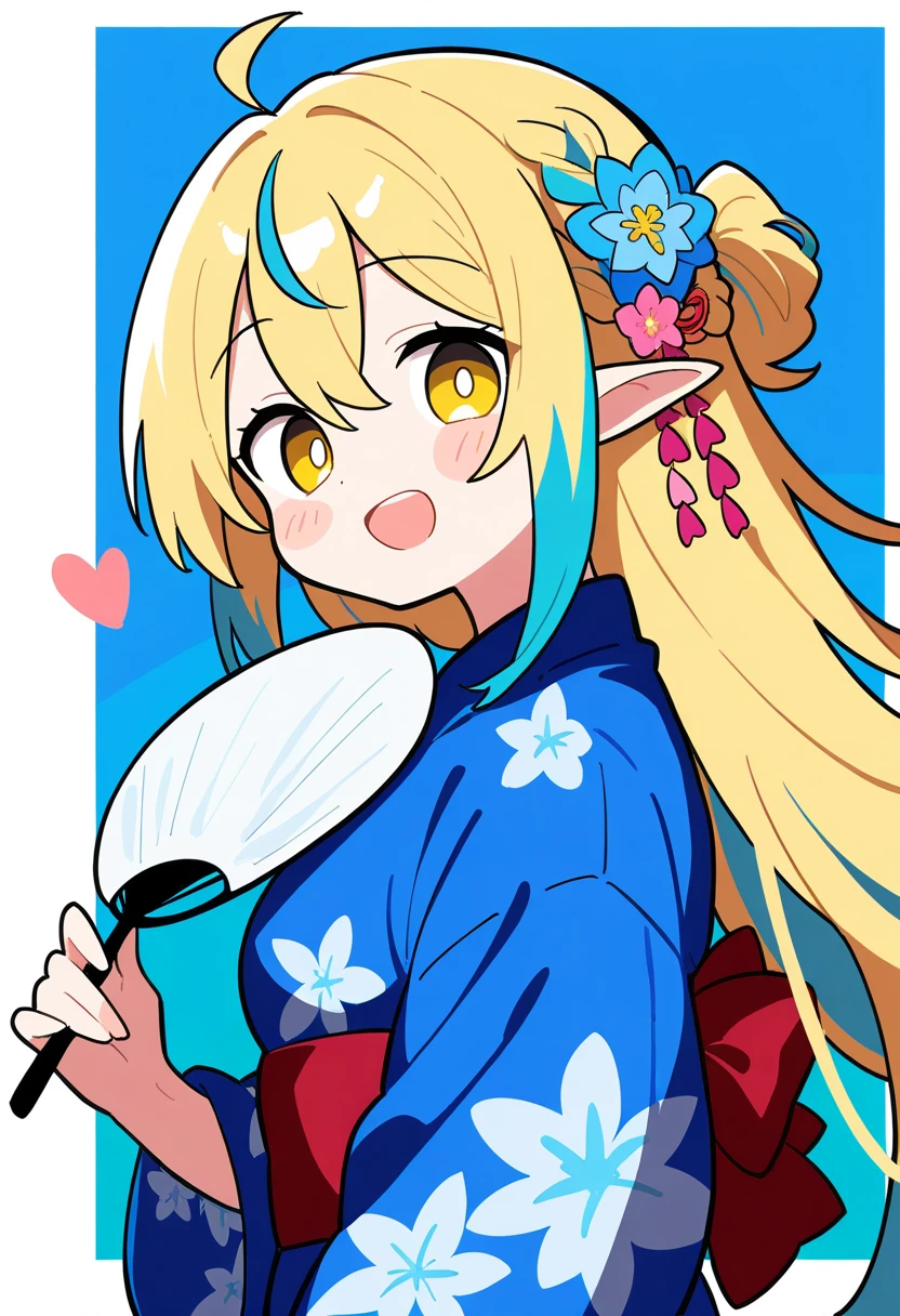 obi, 1girl, long hair, blue hair, yellow eyes, braid, open mouth, ahoge, multicolored hair, blush, hair between eyes, streaked hair, colored tips, breasts, :d, hair flower, half updo, looking back, japanese clothes, japanese yukata, hair ornament, yukata, floral print, sash, looking at viewer, flower, elf, solo, holding, upper body, from side, print kimono, smile, blue kimono, paper fan, holding fan, heart, uchiwa