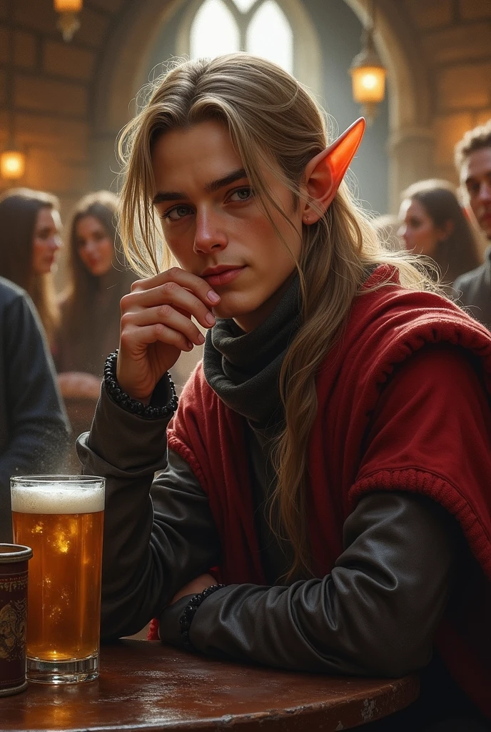 cinematic photo a man is link and having a beer in a pub <lora:Link1024:0.8> . 35mm photograph, film, bokeh, professional, 4k, highly detailed