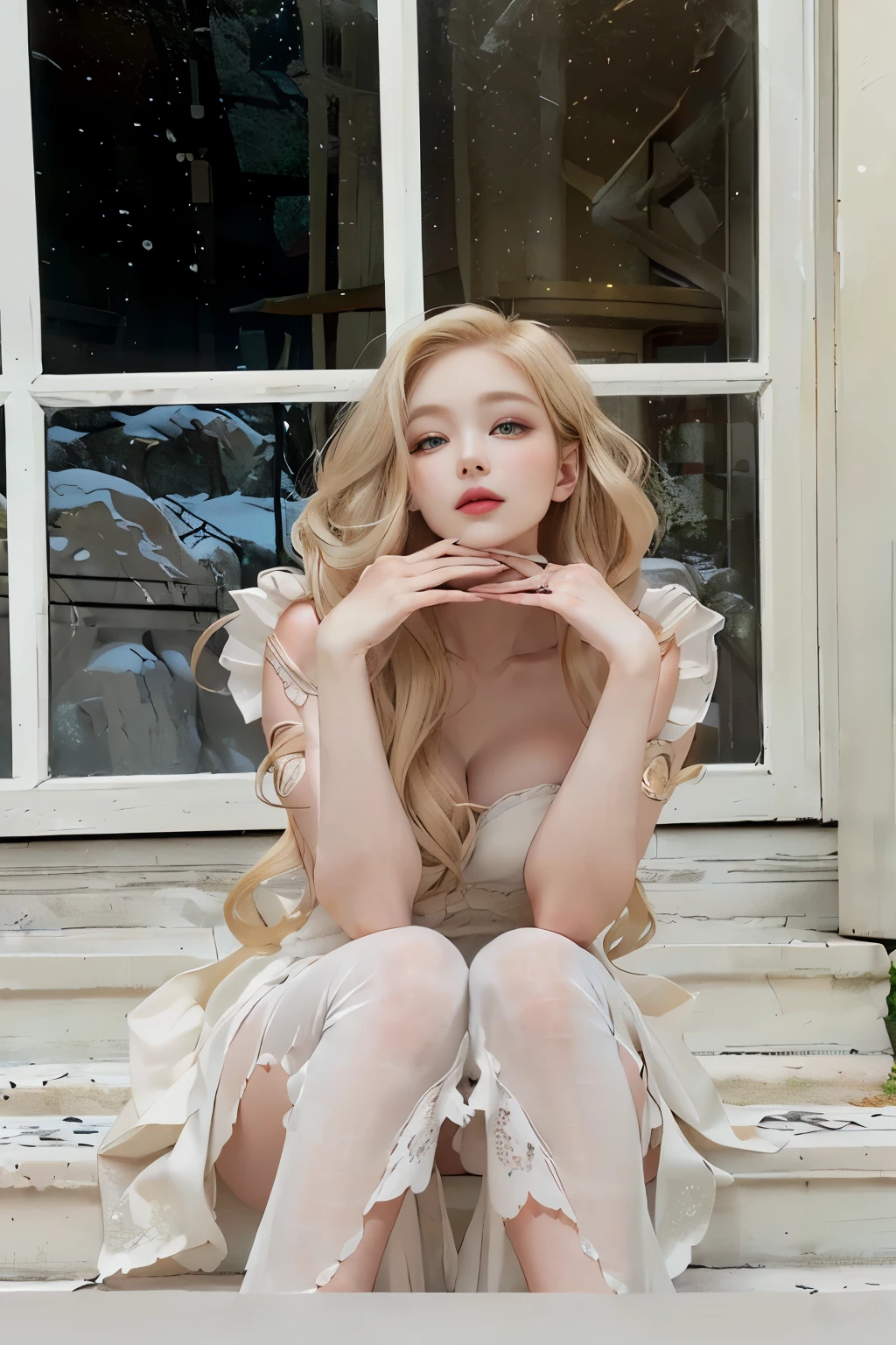 proud princess, slum, dimly lit, half squat, toilet, hands holding head, armpits, luxury jewelry, jewelry hand, diamond ring, flushed face, big man, princess crown, film, luxury evening dress, commuter pure white small heels, French pointed heels: 1.3, big breasts sag, white skin, 8k,