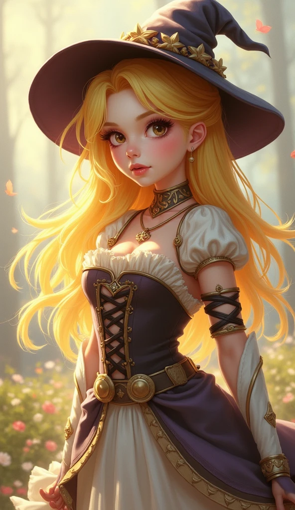 high_quality, highres, beautiful, detailed, (masterpiece, best quality:1.2), absurdres, 8k, HDR,  1girl, blonde hair, (ringlets hair:1.2), swept bangs, very long hair, blue eyes, jewelry, looking at viewer, hat, black headwear, rose, ribbon, bow, navia, bare shoulders, detached sleeves, outdoors, forest, necklace, yellow rose, hat feather, tricone hat, skirt, black dress, elbow gloves, pearl necklace, breasts, trees, forest,