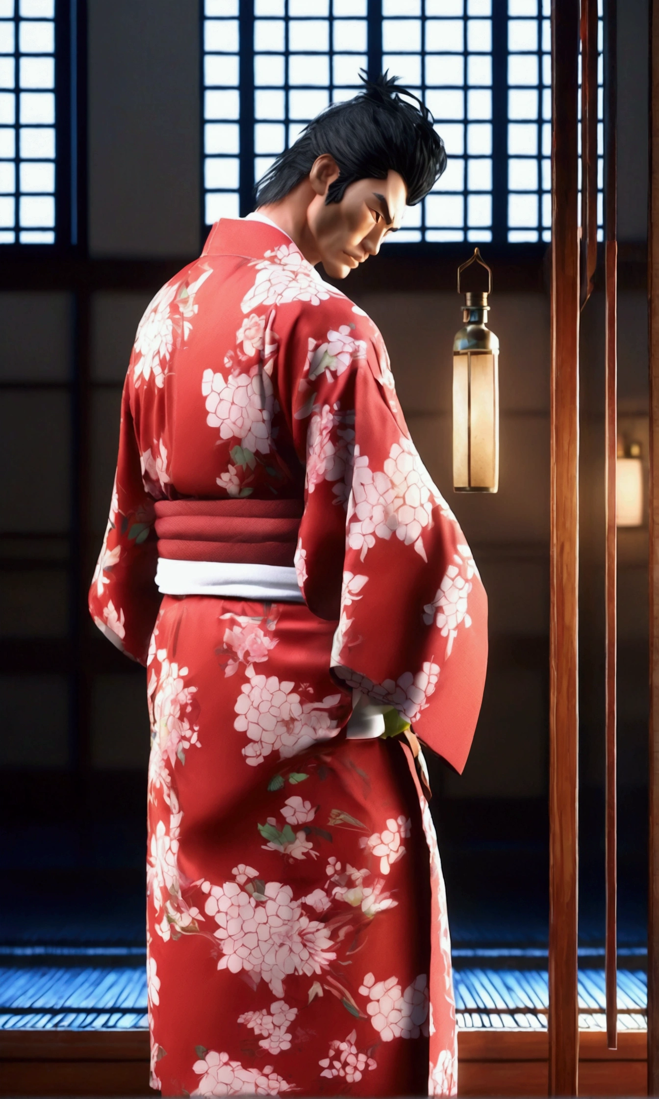 alpha male, Hanma Yūjirō, YujiroHanma, trademark build and look, wearing an open japanese yukata and black trunks, leaving bedroom, drinking whiskey bottle, highly detailed, photorealistic, 8k, hyperrealistic, dramatic lighting, cinematic composition, muscular physique, intense gaze, chiaroscuro, moody atmosphere