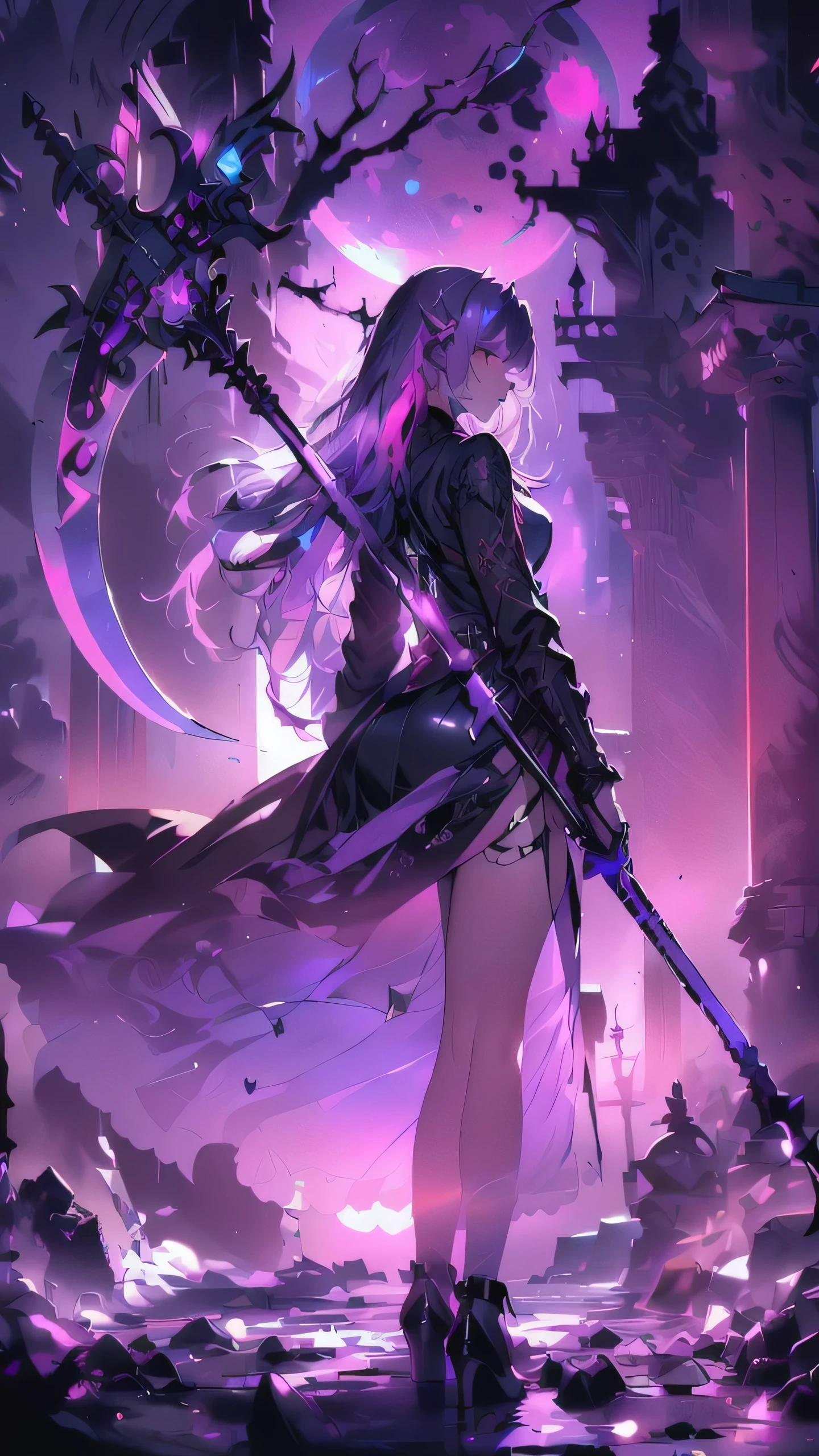 16k,Super fine,masterpiece,best quality, (silhouette art:1.4), (Double Exposure:1.3), The Queen in a stylish and sexy ninja hoodie with one eye covered with a black cloth like an eyepatch that shows off her cleavage and thighs sits cross-legged on her sinister throne, looking down with confidence and dignity in her modern, sophisticated high heels.,Bright violet and silver hair with pink streaked or violet streaked, wields an infernal Grim Reaper's huge scythe to hunt souls,Blue Moon, (close-up),Japanese neon that shines in pink and purple is reflected in a puddle.,Fantastic neon large stained glass and many jewel fragments flying in the air, refracted light and clockwork spread out against the backdrop of a mid-night Japanese garden.