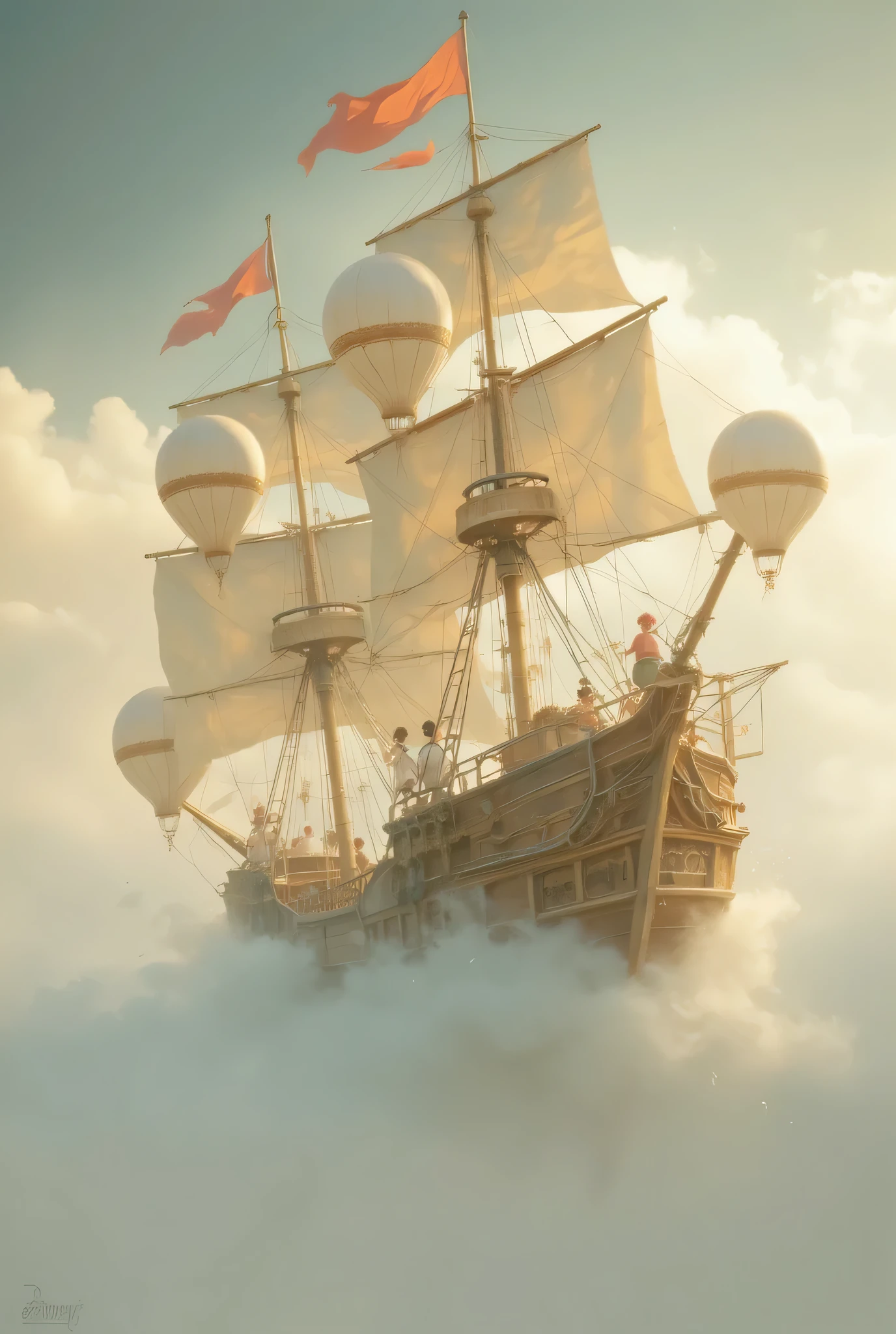 A majestic wooden ship with hot air balloons, in the style of steampunk, floating in the sky, surrounded by clouds and misty light. The scene is full of fantasy elements, with people on board dressed as pirates. The colors used are warm tones such as reds, oranges, and yellows, creating an atmosphere reminiscent of ancient sea adventures. High-resolution photography, professional color grading, soft shadows, low contrast, clean sharp focus, film grain effect.