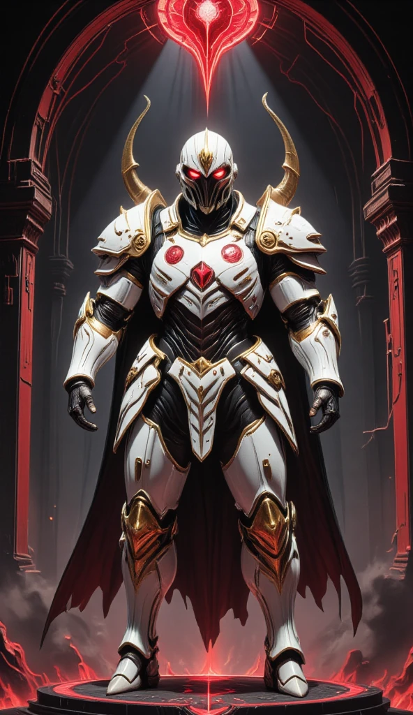  is possessed by a demon, a holy knight commander. Full Body Mechanized Image of an Adult Male. Robotic Muscle-Developed Body . wearing sacred white gold holy knight armor . Eyes Deep Red . standing inside a mysterious black and red church.Bold composition .COUNTLESS KNIGHT FOLLOWERS.Full body image with dark red glow in the eyes。He boldly stands in a mysterious black and red mechanical church， composition underlines his majestic presence 。 lights are very striking ， shadows cast by him highlight his armor and the church's bizarre atmosphere ，Mechanic robot ，Future Mechanism ， Cyberpunk 
