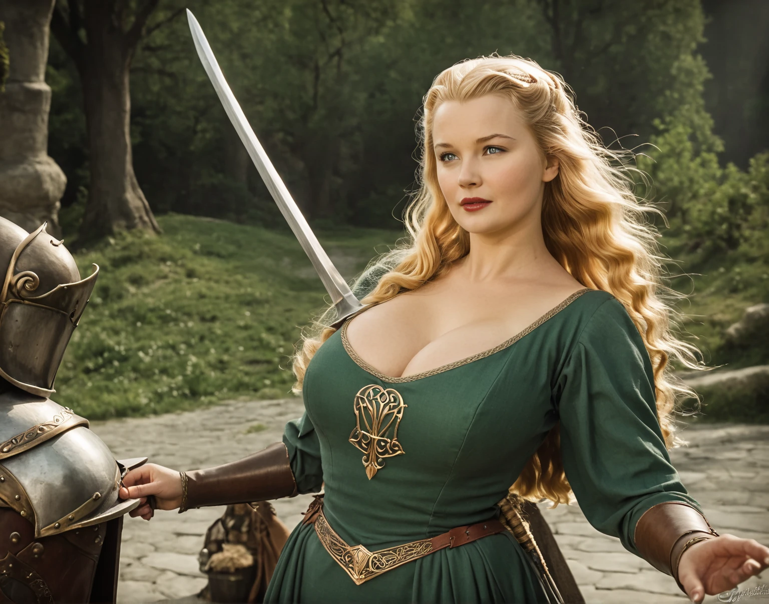 medium shot of Éowyn from LOTR, big breast,vintage,old movie style, 50s movie