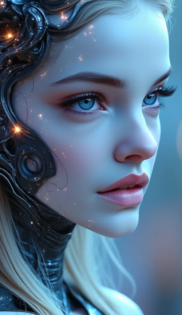 A beautiful cyborg girl in a silver dress, highly detailed portrait, elegant pose, cinematic lighting, photorealistic, 8k, best quality, masterpiece, intricate details, volumetric lighting, hyper realistic skin, detailed facial features, mesmerizing eyes, lush lips, long eyelashes, soft glowing skin, flowing silver dress, graceful movement, serene expression, atmospheric background, cinematic framing