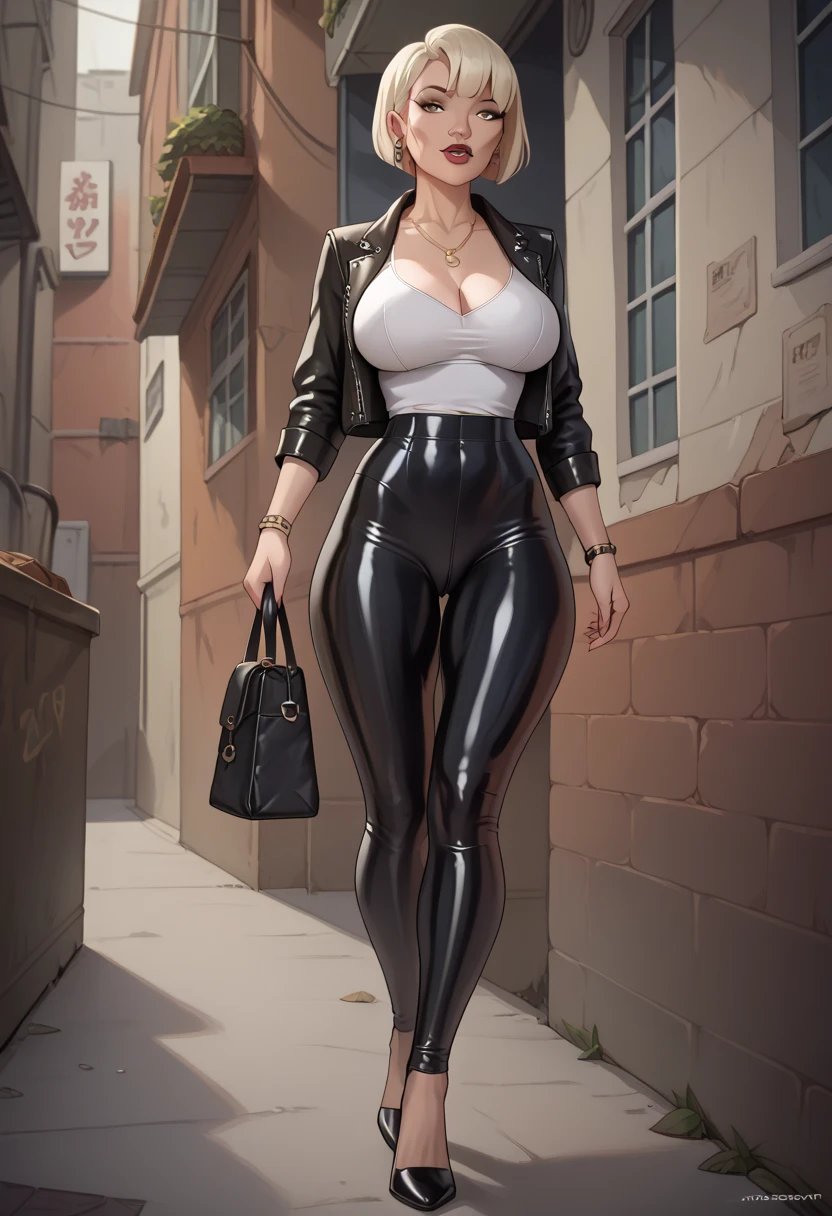 35 year old woman with short blonde Bob-style hair with big breasts wearing a leather jacket with a blouse and tight latex pants and heels she is walking down a dark alley 