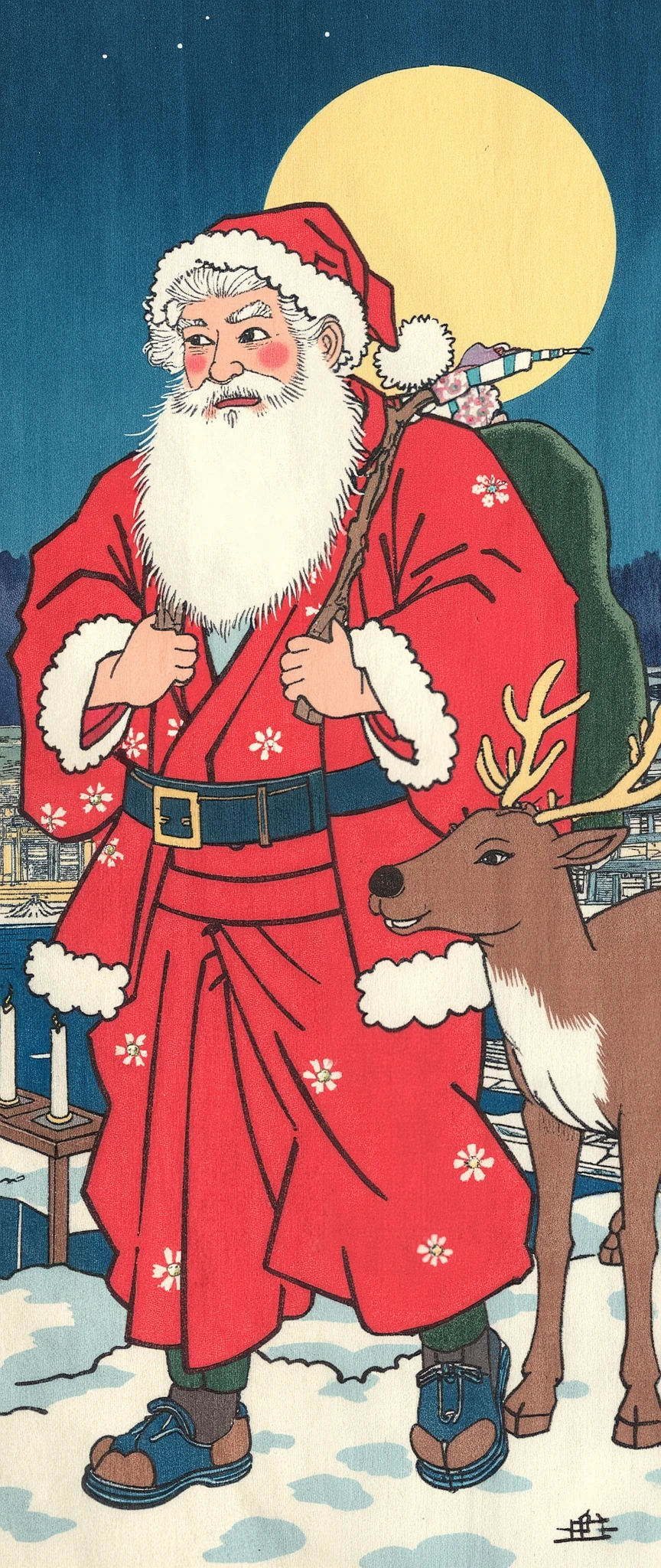 (masterpiece:1.2,Premium Quality , Mirror Finish , cinematic experience , Best illustrations:2.0, super detailed ),8k,16k,( wallpaper:2.0),(yukata),( Please draw a character of Santa Claus wearing a yukata:2.0),( reindeer:2.0),(Front:2.0),( Christmas tree),( candles),( Cute Illustration :2.0),( Ukisei:2.0),( Katsushika Hokusai style:2.0),( with a white Japanese furoshiki on his shoulder The background is a bright color :2.0),("  merry christmas"Draw a pop character from :2.0),( full moon :2.0),(from below:2.0),( dynamic :2.0),(Old Japanese townscape:2.0),(Edo period:2.0)