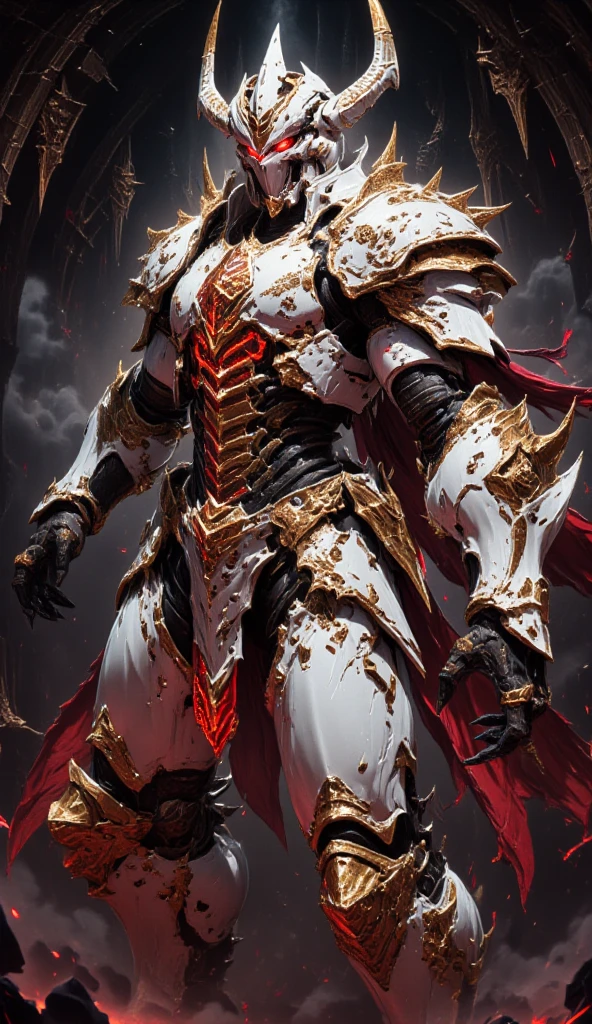  is possessed by a demon, a holy knight commander. Full Body Mechanized Image of an Adult Male. Robotic Muscle-Developed Body . wearing sacred white gold holy knight armor . Eyes Deep Red . standing inside a mysterious black and red church.Bold composition .COUNTLESS KNIGHT FOLLOWERS.Full body image with dark red glow in the eyes。He boldly stands in a mysterious black and red mechanical church， composition underlines his majestic presence 。 lights are very striking ， shadows cast by him highlight his armor and the church's bizarre atmosphere ，Mechanic robot ，Future Mechanism ， Cyberpunk 
