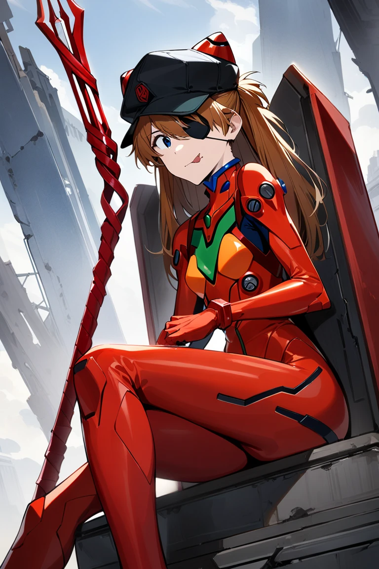 1girl, souryuu asuka langley, neon genesis evangelion, plugsuit, pilot suit, red bodysuit, sitting, crossing legs, black eye patch, cat hat, throne, symmetrical, looking down, from bottom, looking at viewer, outdoors, cinematic angle, , masterpiece, best quality, very aesthetic, absurdres