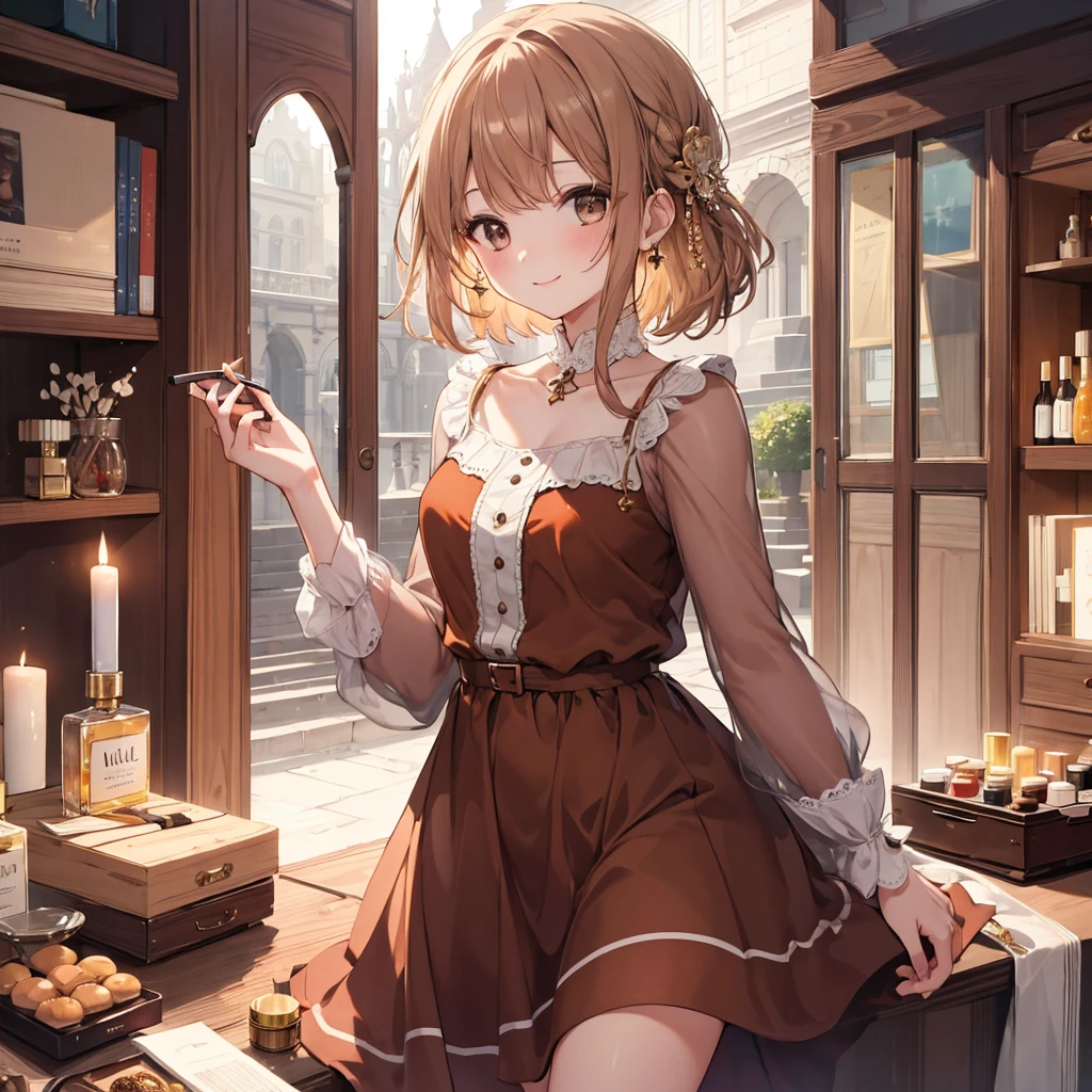 ((masterpiece,Highest quality)), 4K, High resolution, One girl, alone, smile, Brown dress, (Perfumer&#39;s Outfit 2:1.2), 