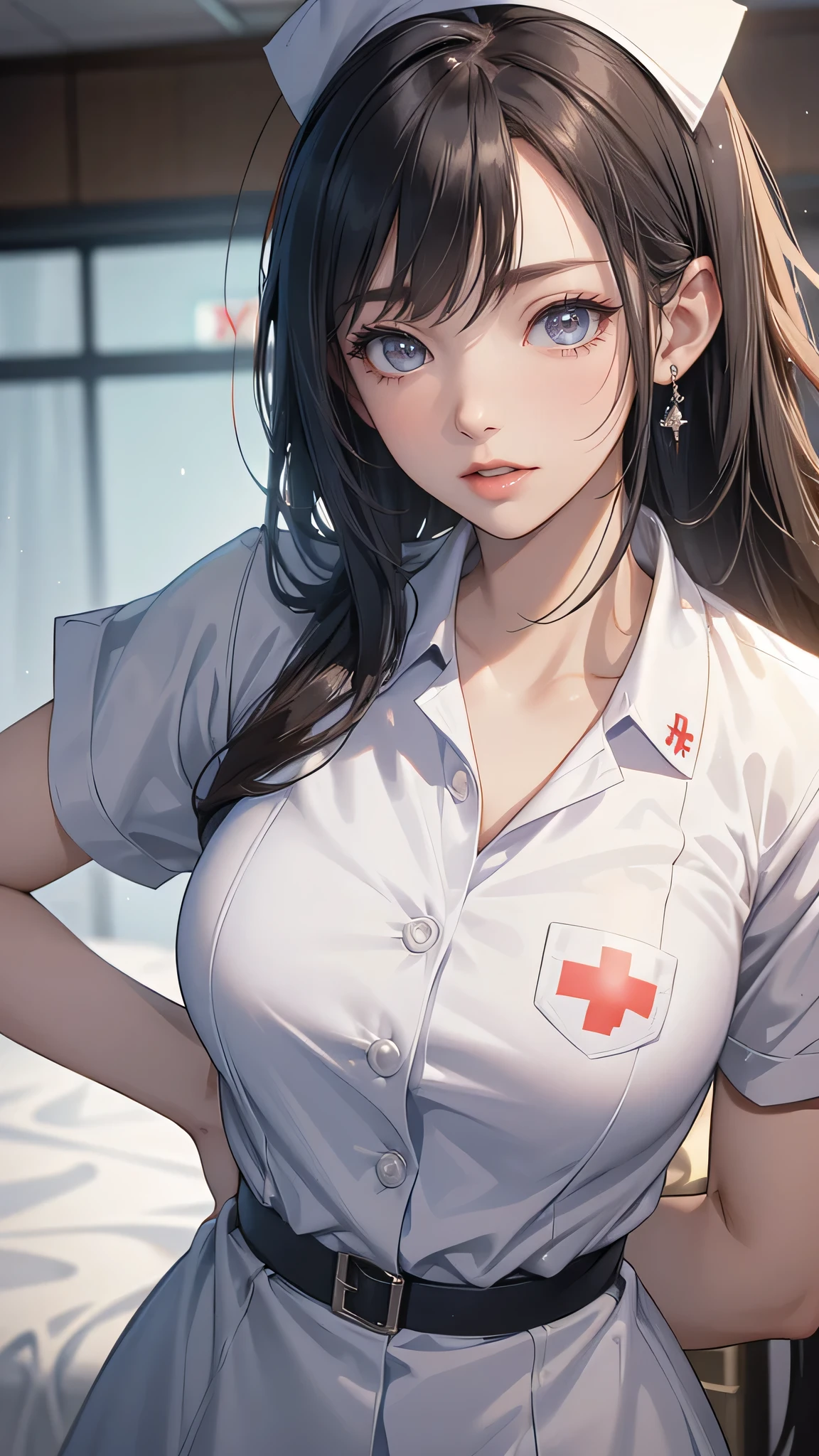 (( Masterpiece , 最 High Quality , High Quality )), one girl, Beautiful Mature Woman ,(hospital), clinic (nurse_uniform_length_3, Gloves, nurse cap, nurse,), Erotic , excited , small breast
