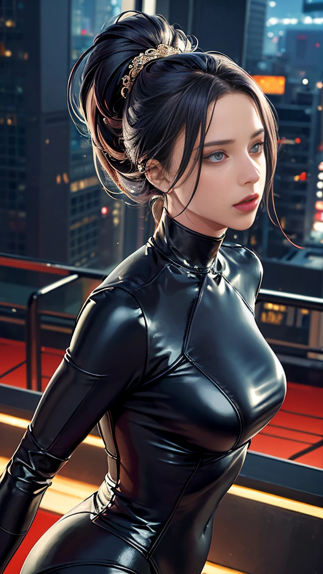 ((最high quality, 8K, masterpiece: 1.3, Ultra HD, high quality, 最high quality, High resolution, realism)) 、Motoko Kusanagi from Ghost in the Shell、slender、Slender, muscular body that's toned like an athlete's、I don't want my head to disappear from the screen.、Wear accessories on your wrist、Wearing red nail polish、I have a peticure、(high color saturation:1.0), (highly detailed skin), (最high quality:1.0), (超High resolution:1.0) ,(realistic:1.0), (Super detailed:1.0), (8K, Raw photo:1.1), wear a bodysuit、Being on the roof of a skyscraper at night