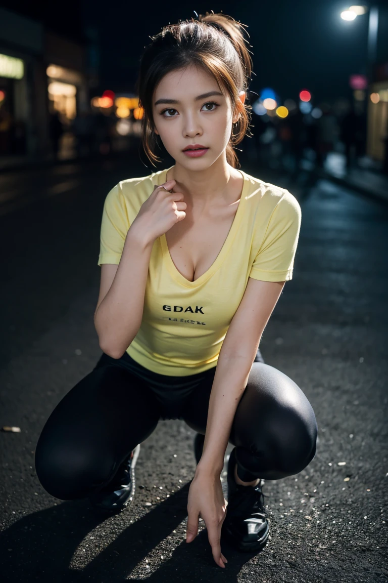 (Female: 1.2), (Big breasts: 1.2), (5 thumbs), (ring finger diamond ring), (dark brown mullet head), (ponytail), (brown eyes), (yellow low-cut vest), (bare breast), (black leggings), (yellow sneakers), (on the road), (running), early morning, sweaty, full body, masterpiece, realism