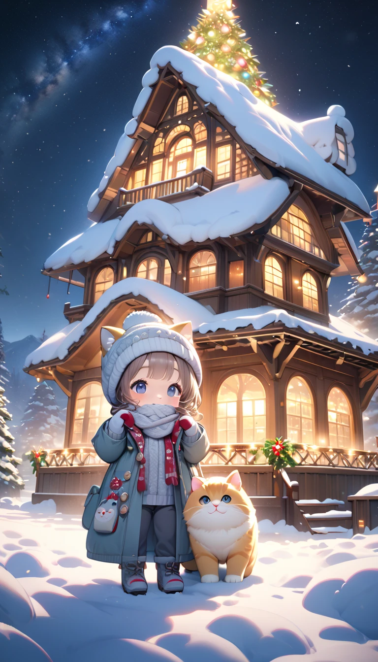 (masterpiece), (ultra-detailed, best quality, clear focus, dramatic scene, cinematic), shadow, (ultra-high resolution, 8k), perfect anatomy, perfect face, (detailed face), (detailed eye), (chibi), cute Japanese chibi girl, famous Japanese chibi idol, very beautiful and cute and cool face, (wearing an cute winter wear with warm pants with scarf and gloves:1.2), knit cap, (large breasts), (She is standing with her cat in front of the gorgeously decorated huge Christmas tree house:1.3), at night, snow covered, deep snow, stormy, she is showing smile, dynamic angle, (a very cute giant fat cat is mewing with her), professional lighting, (detailed very cute fluffy cat:1.3), they looks so happy, (gorgeously decorated Christmas tree house with shining Christmas lights:1.3), (spectacular view of snow covered Christmas-tree-house with milky way:1.2), (shoot from below)