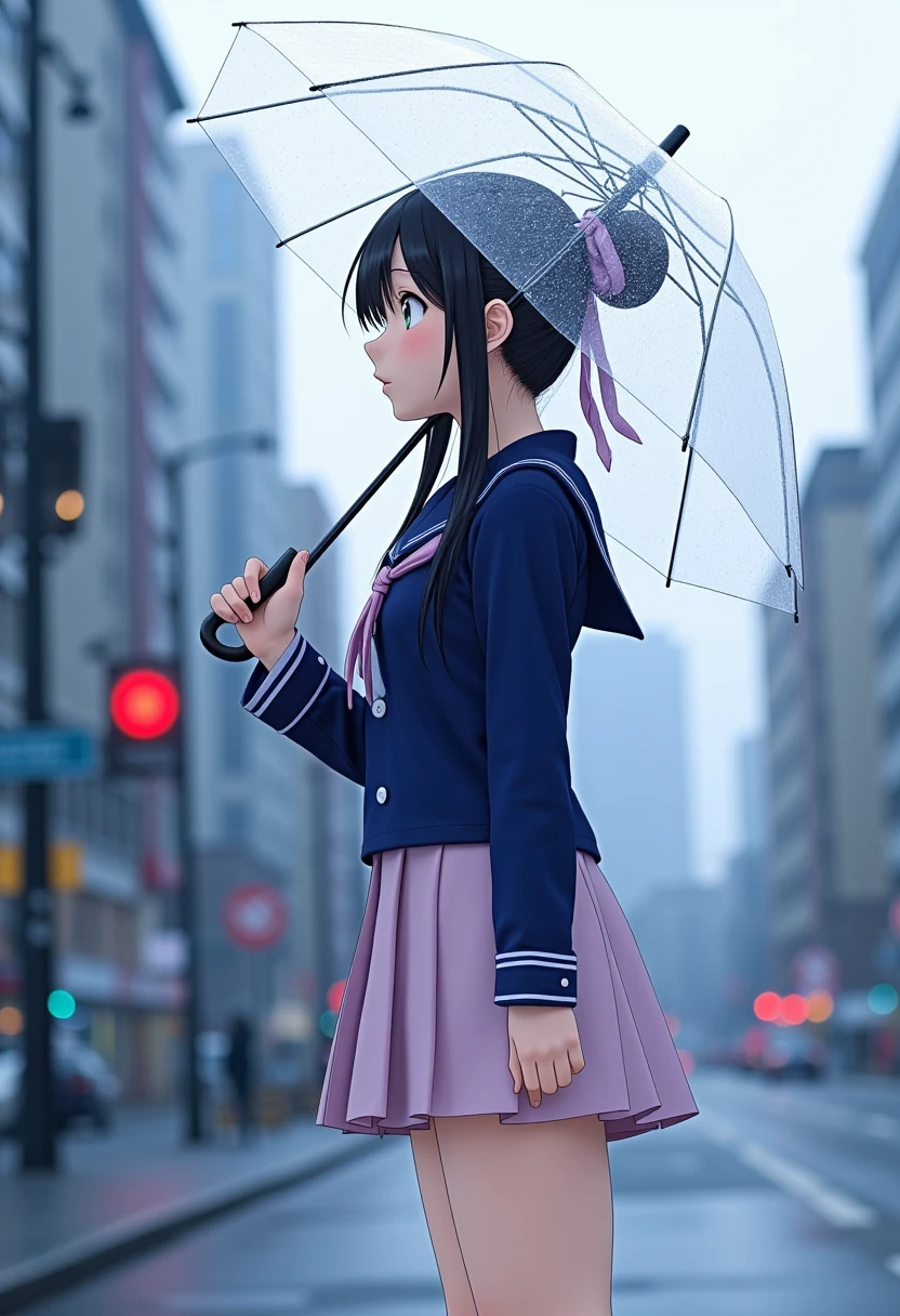 yo Hokkaido woman, (long black hair tied in a bun using a light purple ribbon:1.23), wearing a blue and white school uniform, light pink short skirt, (standing looking at the sky on the side of the road:1.32), background of tall buildings and traffic lights, snowfall, carrying a transparent umbrella, (shot from below and side:1.26), anime style, dramatic situations