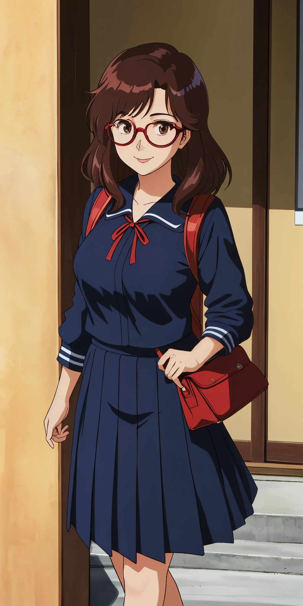 Young woman drawn in 80’s anime art style. 
Retro anime. Vintage Anime. Classical Anime. 
Black Dark Brown HAIR
Long Nihongami Hair
(Round Glasses)
(Round and Circle eyes)
(Light Brown eyes)
(Medium Sized Eyebrows)
(Freckles on Cheek)
(Light Tan Woman)
(Medium Breast)
Seductive Smile

She is wearing a sailor fuku (セーラー服, sērā fuku, sailor outfit) is a common japanese style of uniform worn by women, traditionally by high school female students. 

The uniform generally consists of a sailor-styled blouse attached with a (Navy blue sailor-style collar) and a Dark Navy Blue Sailor Blouse. The length of the long skirt goes down past her ankle.

A ribbon is tied in the front and laced through a loop attached to the sailor blouse. The color is the ribbon is red. (RED RIBBON)

(Dark Navy Blue Sailor Shirt)
(Dark Navy Pleated Skirt)

She is holding a brown briefcase and wearing a backpack. 
She is visiting a High School.

(Solo)
