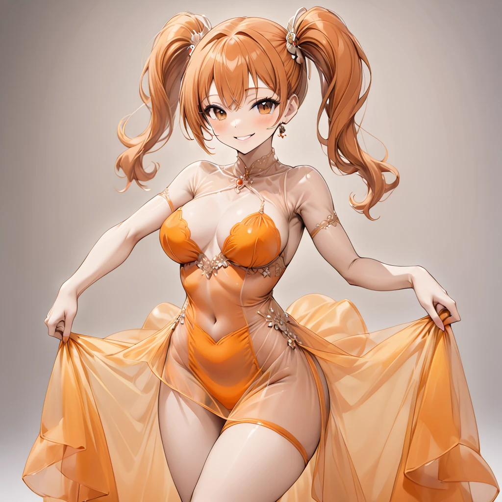 (( top quality )), ((masterpiece)), ( Details), （ perfect face）、Orange-haired twin-tailed Jessica Albert is wearing a see-through sexy dress and smiling in a pose showing off her charming body