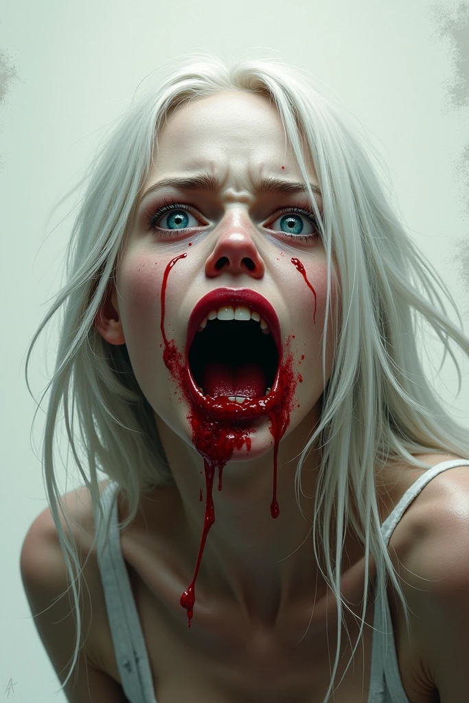 A female monster with black eyes and sharp teeth, wearing white clothes, in an ultra-realistic portrayal. The monster has blood stains on its clothes. The image should have the best quality, with ultra-detailed features and a photorealistic style. The color tone should be dark and eerie, and the lighting should be dramatic to enhance the overall atmosphere.