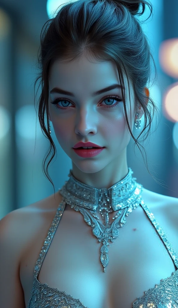 A beautiful cyborg girl in a silver dress, highly detailed portrait, elegant pose, cinematic lighting, photorealistic, 8k, best quality, masterpiece, intricate details, volumetric lighting, hyper realistic skin, detailed facial features, mesmerizing eyes, lush lips, long eyelashes, soft glowing skin, flowing silver dress, graceful movement, serene expression, atmospheric background, cinematic framing