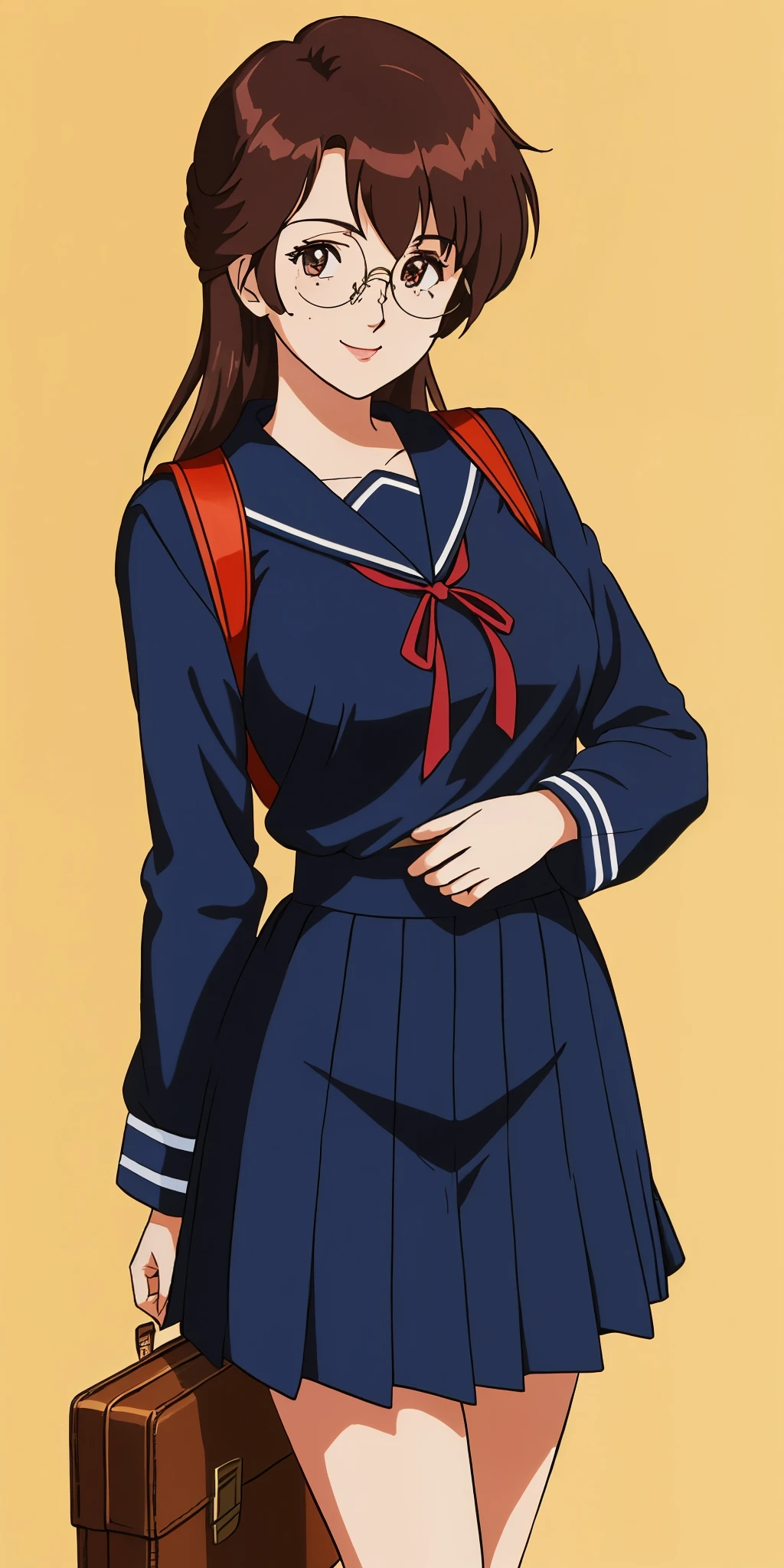 Young woman drawn in 80’s anime art style. 
Retro anime. Vintage Anime. Classical Anime. 
Black Dark Brown HAIR
Long Nihongami Hair
(Round Glasses)
(Round and Circle eyes)
(Light Brown eyes)
(Medium Sized Eyebrows)
(Freckles on Cheek)
(Light Tan Woman)
(Medium Breast)
Seductive Smile

She is wearing a sailor fuku (セーラー服, sērā fuku, sailor outfit) is a common japanese style of uniform worn by women, traditionally by high school female students. 

The uniform generally consists of a sailor-styled blouse attached with a (Navy blue sailor-style collar) and a Dark Navy Blue Sailor Blouse. The length of the long skirt goes down past her ankle.

A ribbon is tied in the front and laced through a loop attached to the sailor blouse. The color is the ribbon is red. (RED RIBBON)

(Dark Navy Blue Sailor Shirt)
(Dark Navy Pleated Skirt)

She is holding a brown briefcase and wearing a backpack. 
She is visiting a High School.

(Solo)
