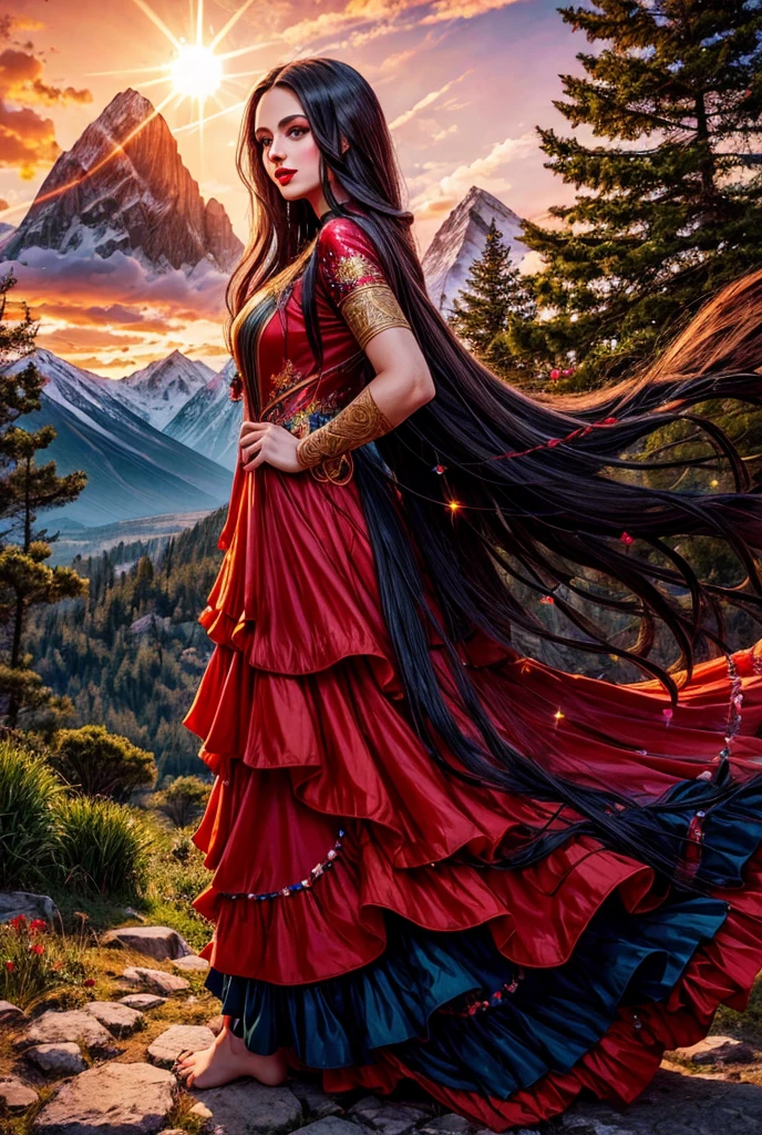  Woman being part of a tree ,  the chakras painted along her dress,  her hands radiate light , Her long dark hair, Red lips,  MOUNTAINS IN THE BACKGROUND , layered image , colorful. 