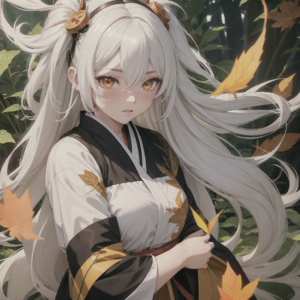 Long white hair, female, golden eyes, orangeish eyes, wearing leaf looking haori, demon slayer art style, 1girl, Solo, Long Hair, High Resolution, Black Hair, White Hair, Blush, Parted Lips, 