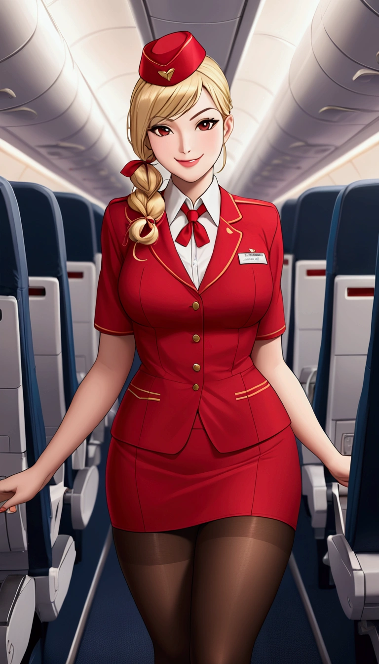 superflat, flat shading, flat colors, (masterpiece:1.2, best quality), a superb young woman, dressed as a sexy air hostess, ((on the plane:1.3))