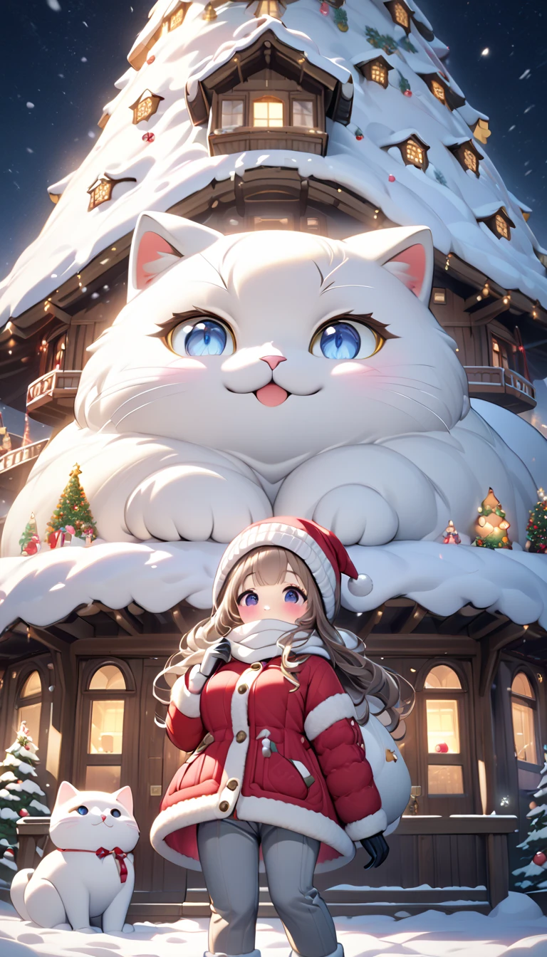 (masterpiece), (ultra-detailed, best quality, clear focus, dramatic scene, cinematic), shadow, (ultra-high resolution, 8k), perfect anatomy, perfect face, (detailed face), (detailed eye), (chibi), cute Japanese chibi girl, famous Japanese chibi idol, very beautiful and cute and cool face, (wearing an cute winter wear with warm pants with scarf and gloves:1.2), knit cap, (large breasts), (She is standing with her cat in front of the gorgeously decorated huge Christmas tree house that looks like a giant fat statue:1.3), at night, snow covered, deep snow, stormy, she is showing smile, dynamic angle, (a very cute giant fat cat is mewing with her), professional lighting, (detailed very cute fluffy cat:1.3), they looks so happy, (gorgeously decorated Christmas tree house with shining Christmas lights:1.3), (spectacular view of snow covered Christmas-tree-house with milky way:1.2)