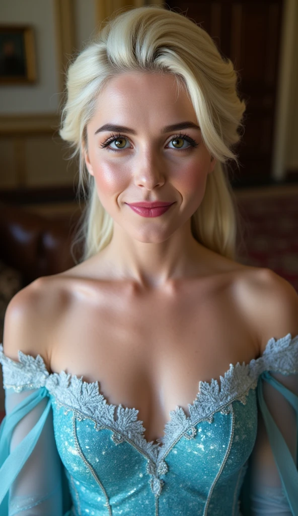 A stunning high angle portrait of piper perri as Elsa puckering her lips, she is sexy , queen of arendelle, young and beautiful, hyper realistic, real portrait, backlit, exquisite features, cleavage, sexy, seductive, interior or an ornate castle ballroom with high ceilings, show skin, blue eyes, she is naked, exposed breasts, puckering her lips in a soft kiss, pink lip gloss