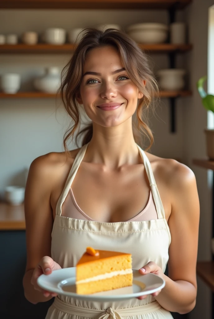 A naked apron-wearing woman with big breasts and puffy nipples is drooling with a pleasant look on her face