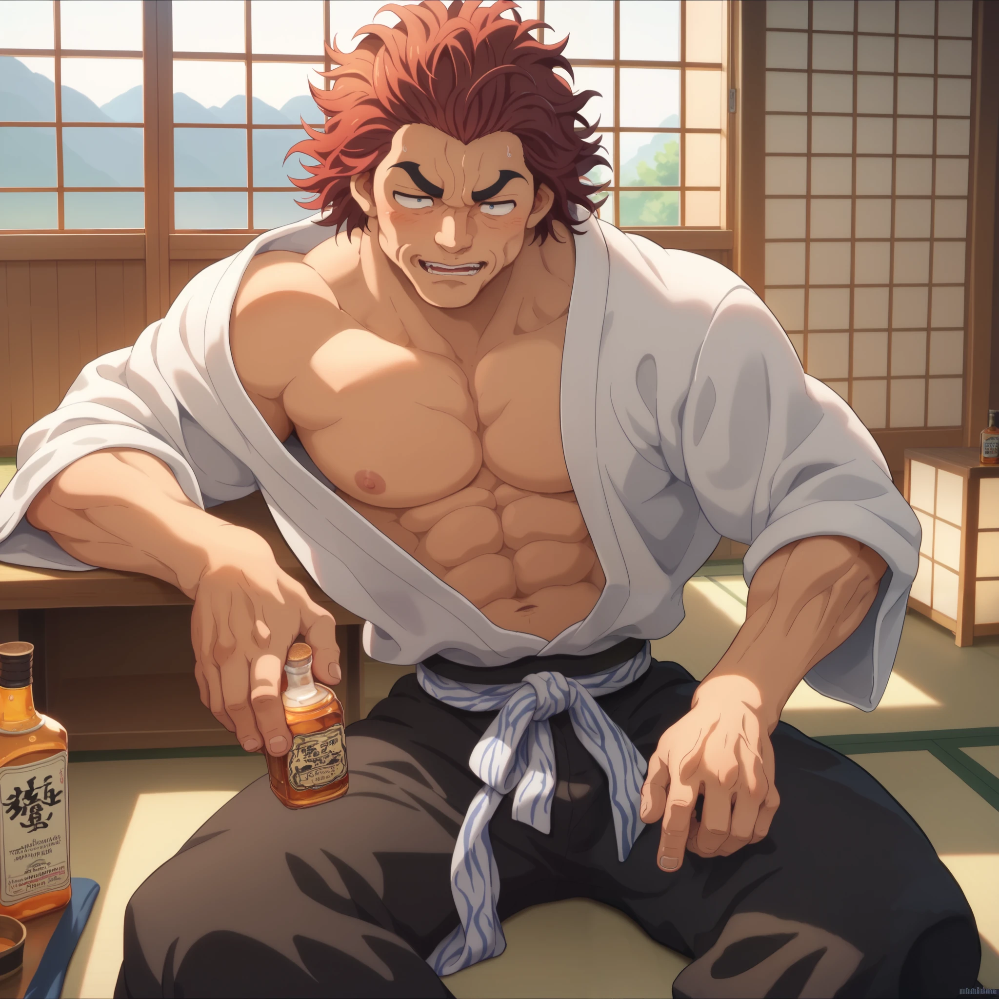 alpha male (Hanma Yūjirō, YujiroHanma, trademark build and look, wearing an open japanese yukata and black trunks) is leaving a bedroom drinking from a whiskey bottle, swagger
