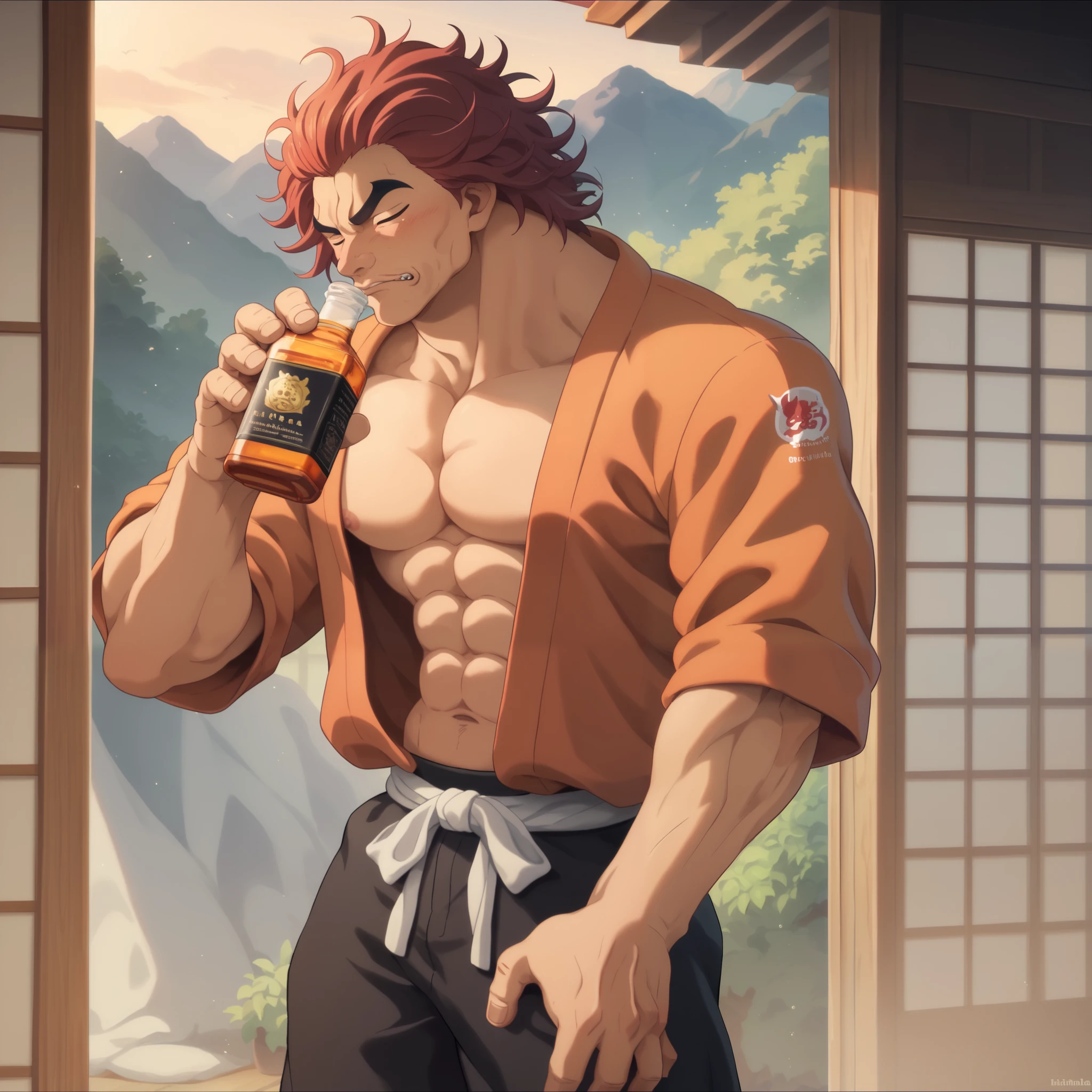 alpha male (Hanma Yūjirō, YujiroHanma, trademark build and look, wearing an open japanese yukata and black trunks) is leaving a bedroom drinking from a whiskey bottle, swagger