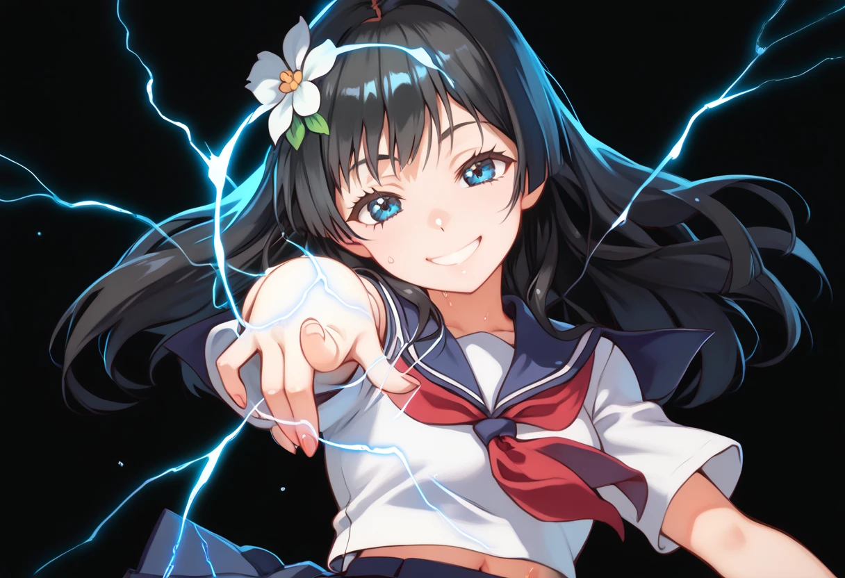 saten ruiko, black hair, blue eyes, long hair, hair ornament, flower ornament,blue skirt, pleated skirt, sakugawa school uniform, school uniform, serafuku, skirt, summer uniform,,score_9, score_8_up, score_7_up, ,perfect hands, perfect finger,perfect anatomy, masterpiece, best quality,realistic, hyperrealistic, 16k hdr,1 mature female,black background,sweat,(pointing electricity:1.2), facing viewer, looking at the viewer, electricity, electrokinesis,(smile:1.5),(strong wind:1.3),(tilt head:1.5),(aura:1.5),navel