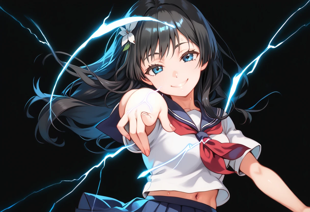 saten ruiko, black hair, blue eyes, long hair, hair ornament, flower ornament,blue skirt, pleated skirt, sakugawa school uniform, school uniform, serafuku, skirt, summer uniform,,score_9, score_8_up, score_7_up, ,perfect hands, perfect finger,perfect anatomy, masterpiece, best quality,realistic, hyperrealistic, 16k hdr,1 mature female,black background,sweat,(pointing electricity:1.2), facing viewer, looking at the viewer, electricity, electrokinesis,(smile:1.5),(strong wind:1.3),(tilt head:1.5),(aura:1.5),navel