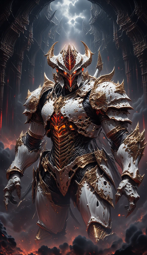  is possessed by a demon, a holy knight commander. Full Body Mechanized Image of an Adult Male. Robotic Muscle-Developed Body . wearing sacred white gold holy knight armor . Eyes Deep Red . standing inside a mysterious black and red church.Bold composition .COUNTLESS KNIGHT FOLLOWERS.Full body image with dark red glow in the eyes。He boldly stands in a mysterious black and red mechanical church， composition underlines his majestic presence 。 lights are very striking ， shadows cast by him highlight his armor and the church's bizarre atmosphere ，Mechanic robot ，Future Mechanism ， Cyberpunk 
