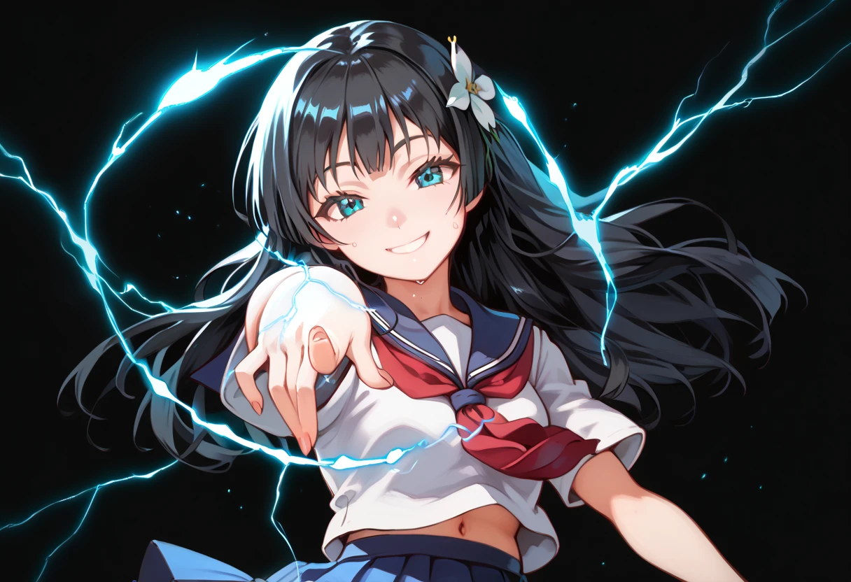 saten ruiko, black hair, blue eyes, long hair, hair ornament, flower ornament,blue skirt, pleated skirt, sakugawa school uniform, school uniform, serafuku, skirt, summer uniform,,score_9, score_8_up, score_7_up, ,perfect hands, perfect finger,perfect anatomy, masterpiece, best quality,realistic, hyperrealistic, 16k hdr,1 mature female,black background,sweat,(pointing electricity:1.2), facing viewer, looking at the viewer, electricity, electrokinesis,(smile:1.5),(strong wind:1.3),(tilt head:1.5),(aura:1.5),navel