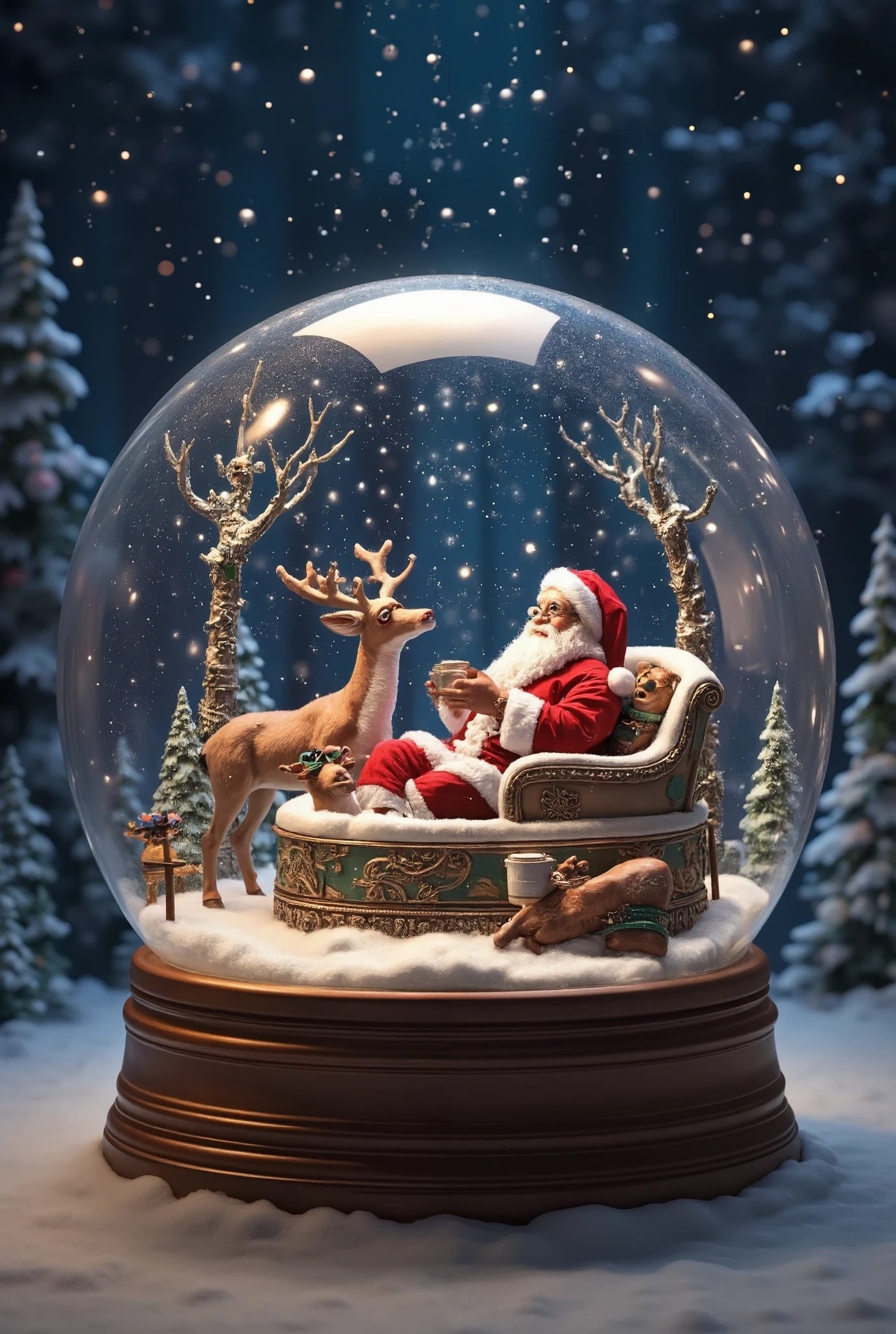 Snowglobe featuring Santa in a hot tub, surrounded by relaxed reindeer wearing sunglasses, sipping cocoa under a snowy forest sky.